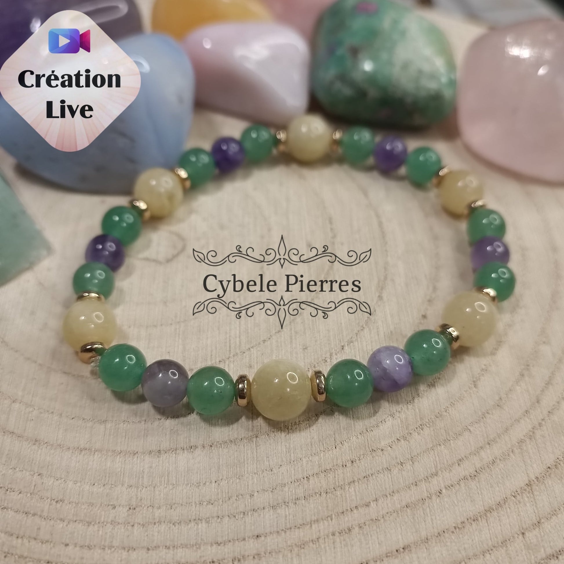 Bracelet Brésil : Améthyste, Héliodore et Aventurine verte (6 et 8mm) - 19cm - Cybele Pierres