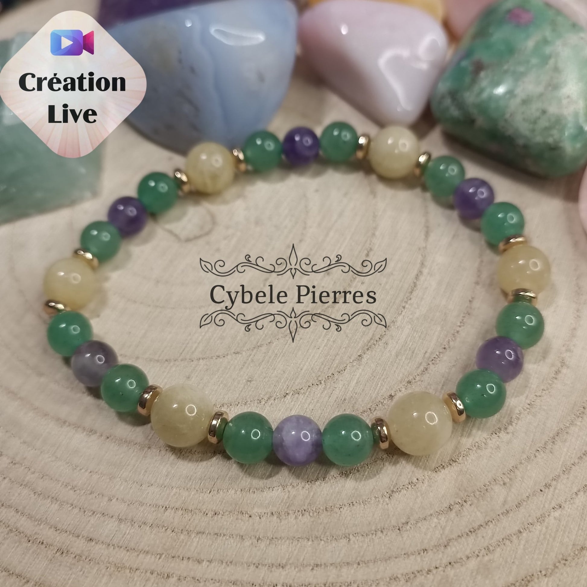 Bracelet Brésil : Améthyste, Héliodore et Aventurine verte (6 et 8mm) - 19cm - Cybele Pierres