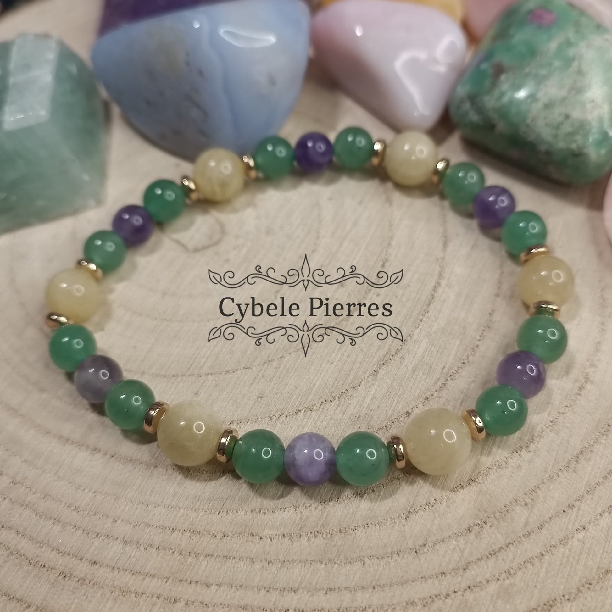 Bracelet Brésil : Améthyste, Héliodore et Aventurine verte (6 et 8mm) - 19cm - Cybele Pierres