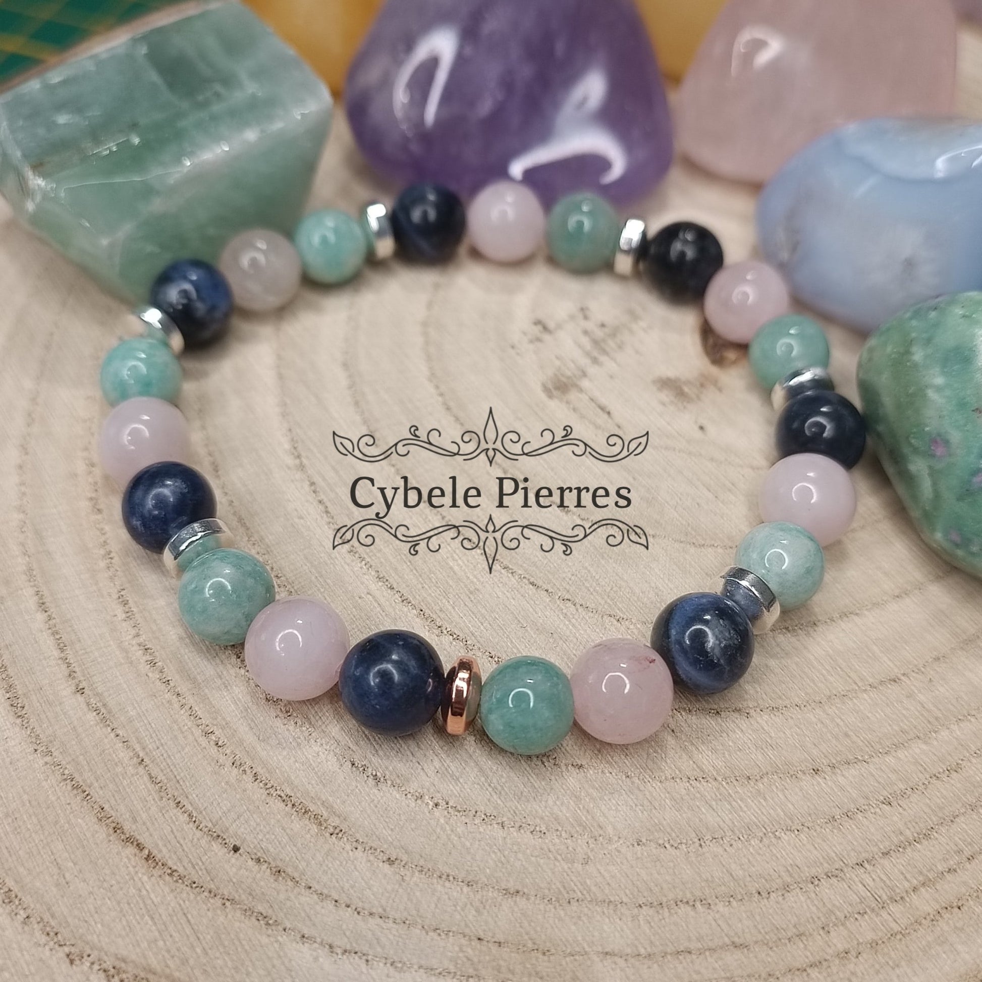 Bracelet Certitude intérieure - Sodalite, Amazonite et Quartz rose (8mm) - 19cm - Cybele Pierres