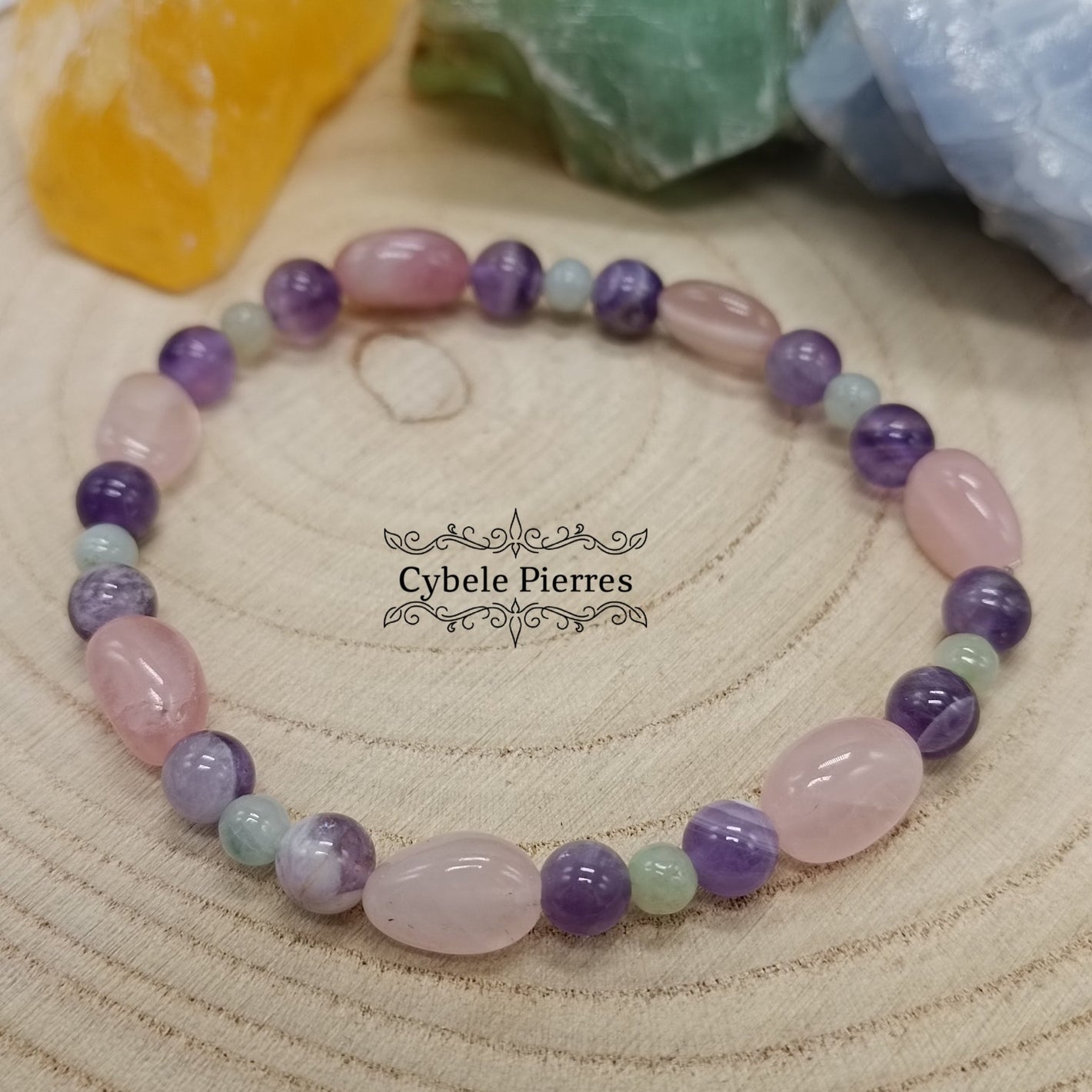 Bracelet Chagrin - Améthyste, Jade vert de Chine et Quartz Rose (3, 6 et 8mm) - 18cm - Cybele Pierres