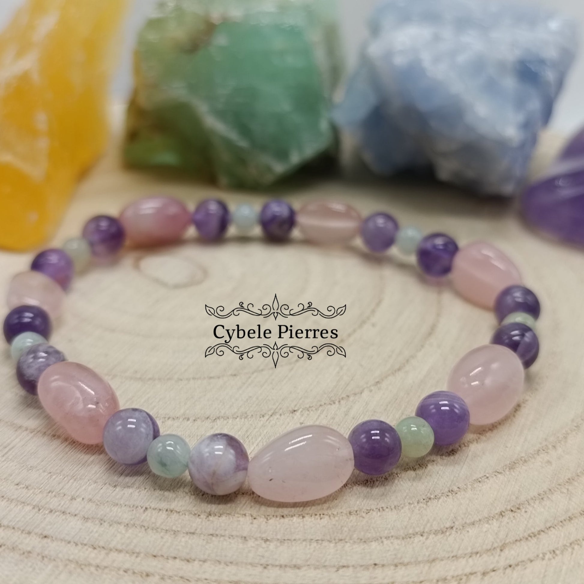 Bracelet Chagrin - Améthyste, Jade vert de Chine et Quartz Rose (3, 6 et 8mm) - 18cm - Cybele Pierres
