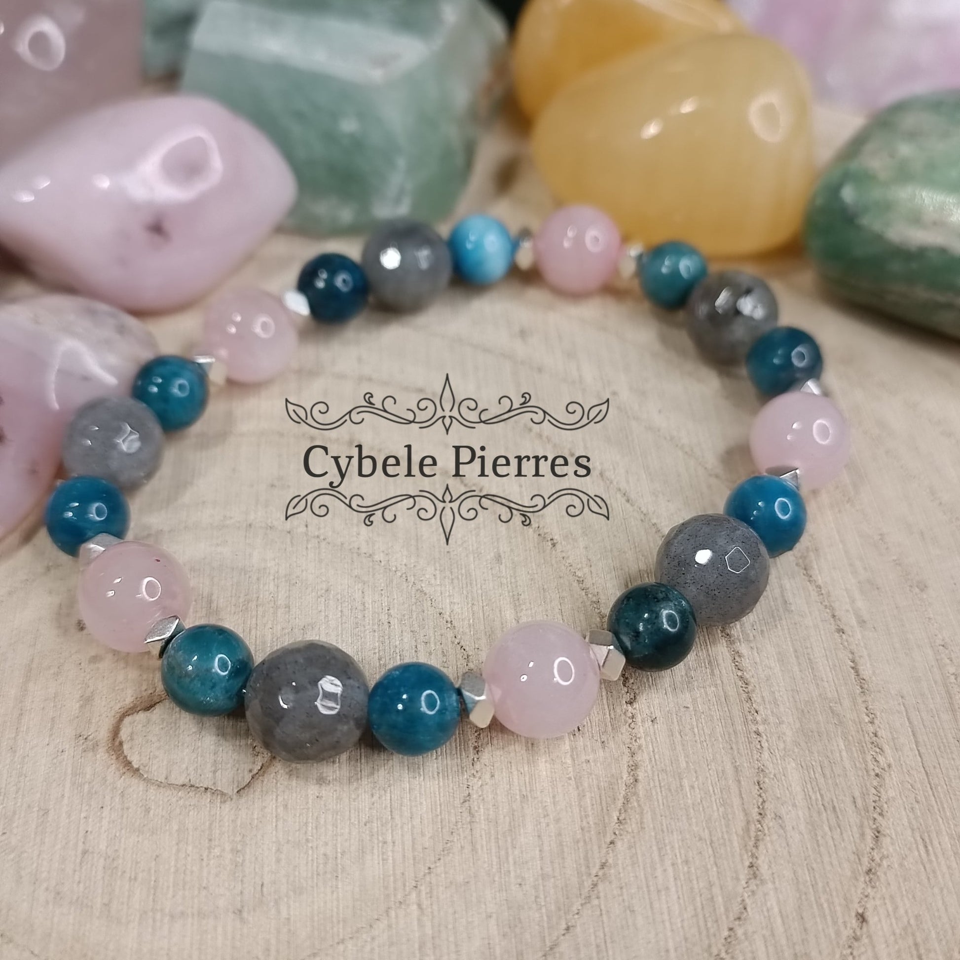 Bracelet Ciel Nocturne - Apatite bleue, Quartz Rose et Labradorite (6 et 8mm) - 18cm - Cybele Pierres