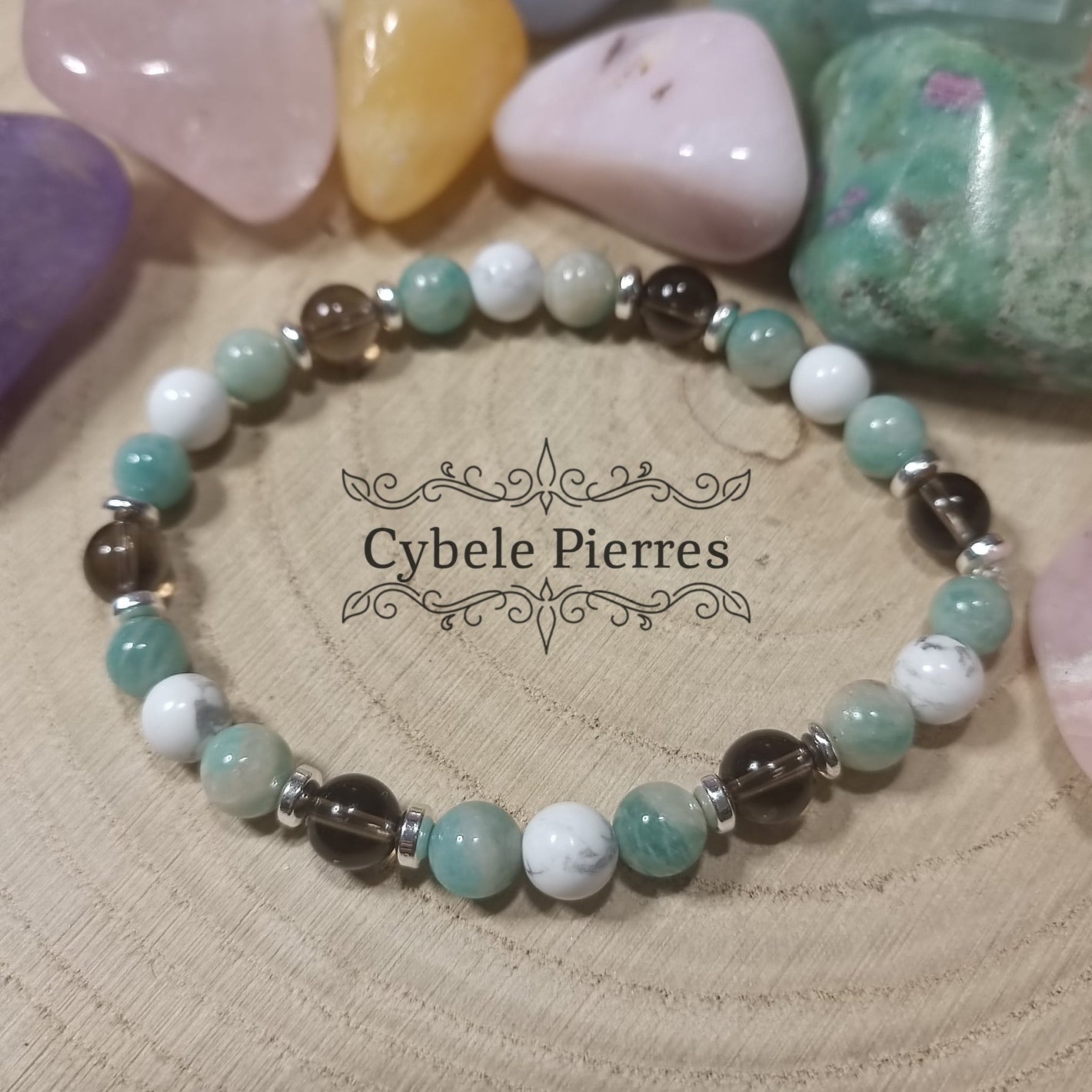 Bracelet Clarté - Amazonite, Quartz fumé et Howlite - 17cm - Cybele Pierres