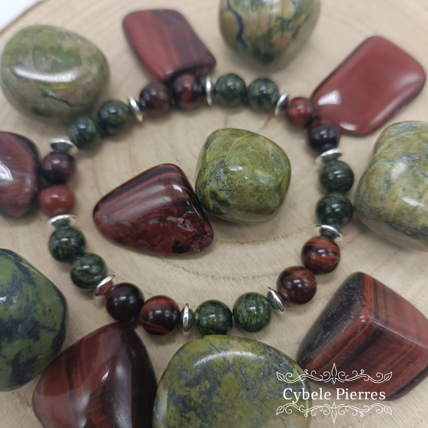 Bracelet Compréhension - Oeil de taureau et Serpentine (8mm) - 19cm - Cybele Pierres