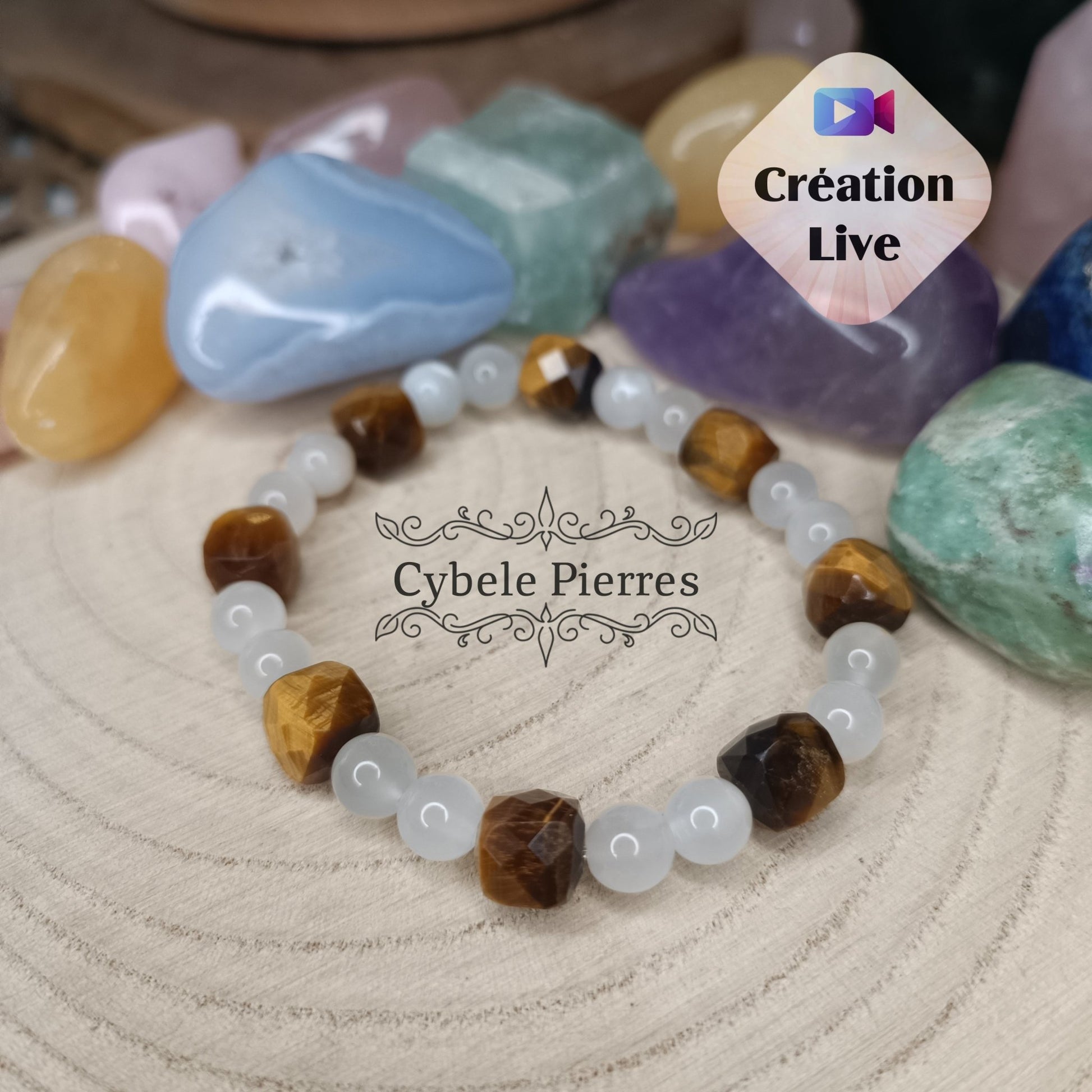 Bracelet "Concrétisation des rêves" - Pierre de lune et oeil de tigre (6 et 8mm) - 17cm - Cybele Pierres