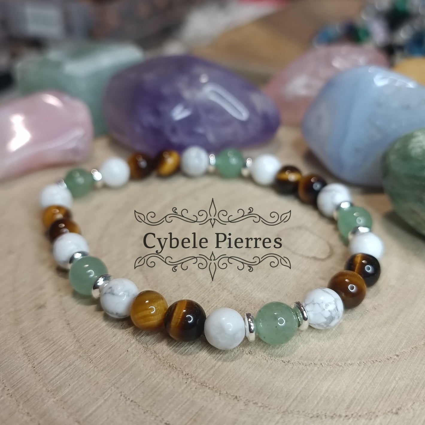 Bracelet Connexion Universelle - Aventurine, Oeil de tigre et Howlite (6mm) - 18cm - Cybele Pierres