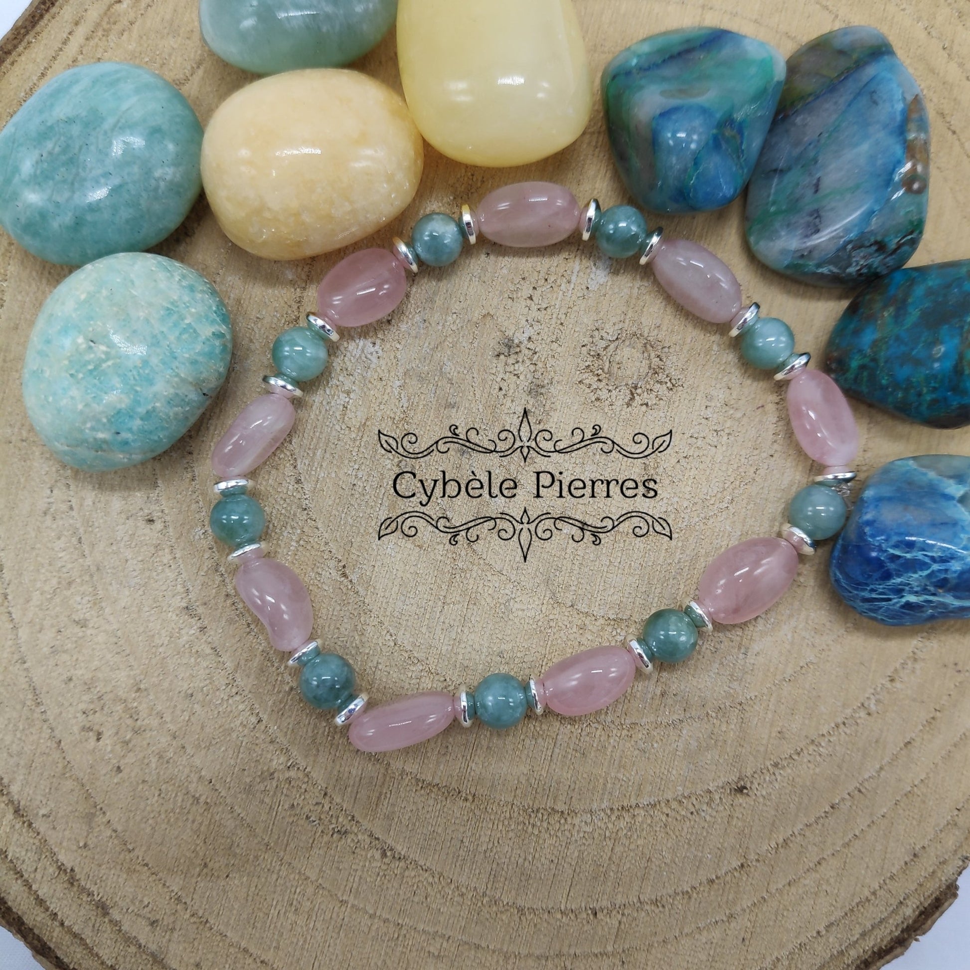 Bracelet Consécration - Jade vert de Chine et Quartz Rose (6 et 10mm irrégulière) - 17.5cm - Cybele Pierres
