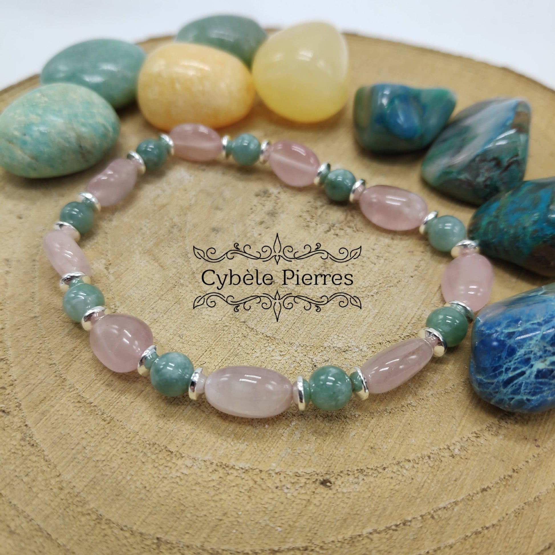 Bracelet Consécration - Jade vert de Chine et Quartz Rose (6 et 10mm irrégulière) - 17.5cm - Cybele Pierres