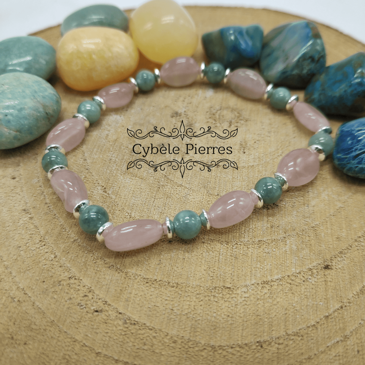Bracelet Consécration - Jade vert de Chine et Quartz Rose (6 et 10mm irrégulière) - 17.5cm - Cybele Pierres