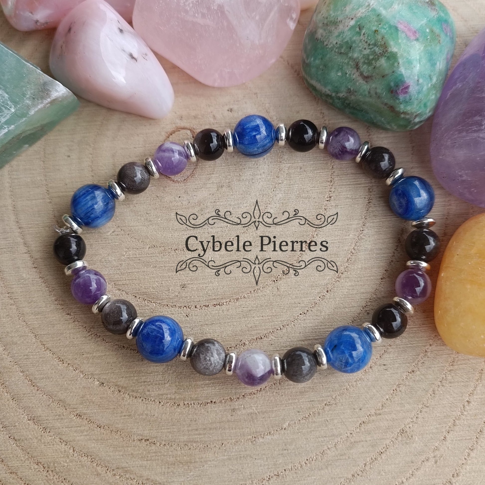 Bracelet Conseils : Cyanite, Obsidienne argentée et Améthyste (6mm et 8mm) - 17cm - Cybele Pierres