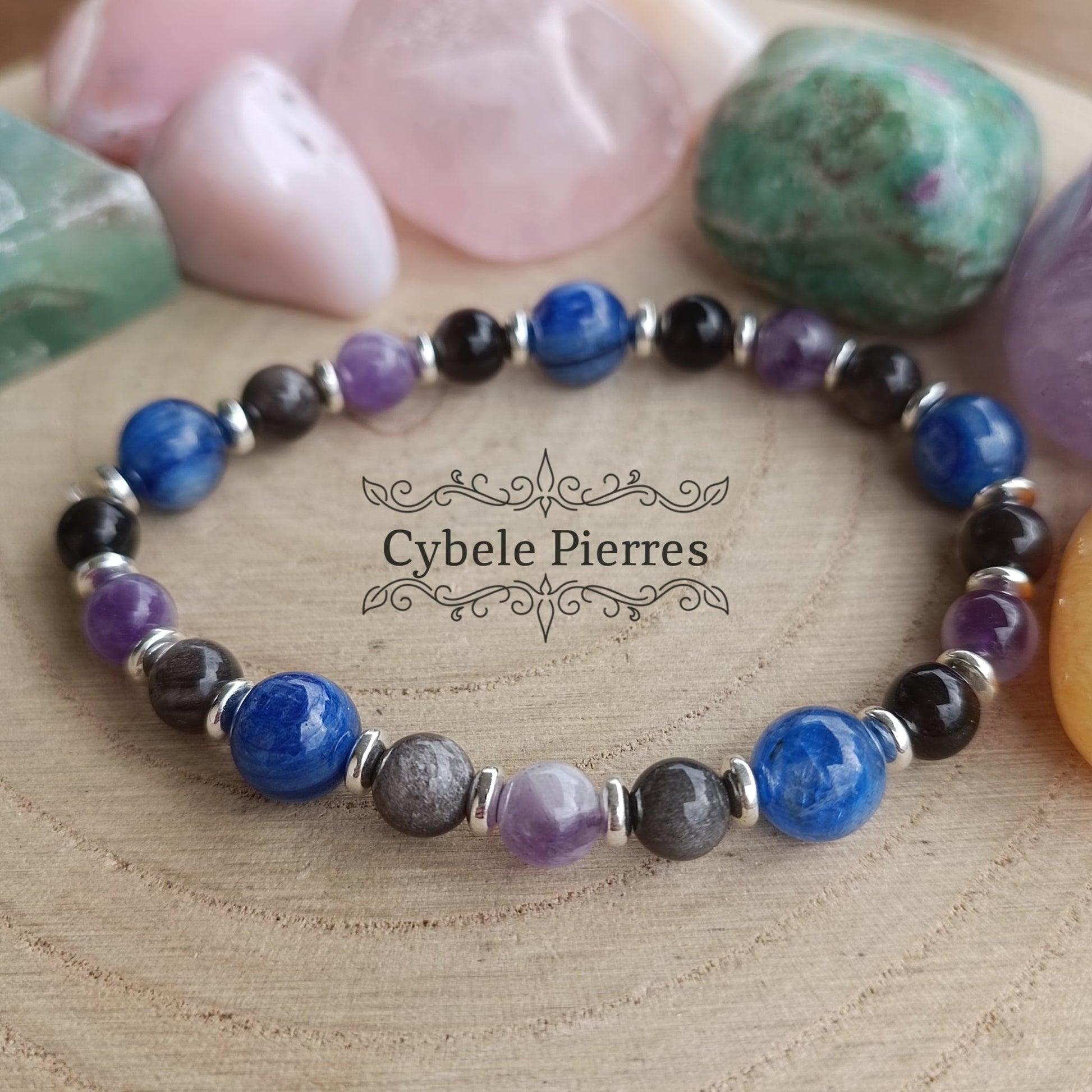 Bracelet Conseils : Cyanite, Obsidienne argentée et Améthyste (6mm et 8mm) - 17cm - Cybele Pierres