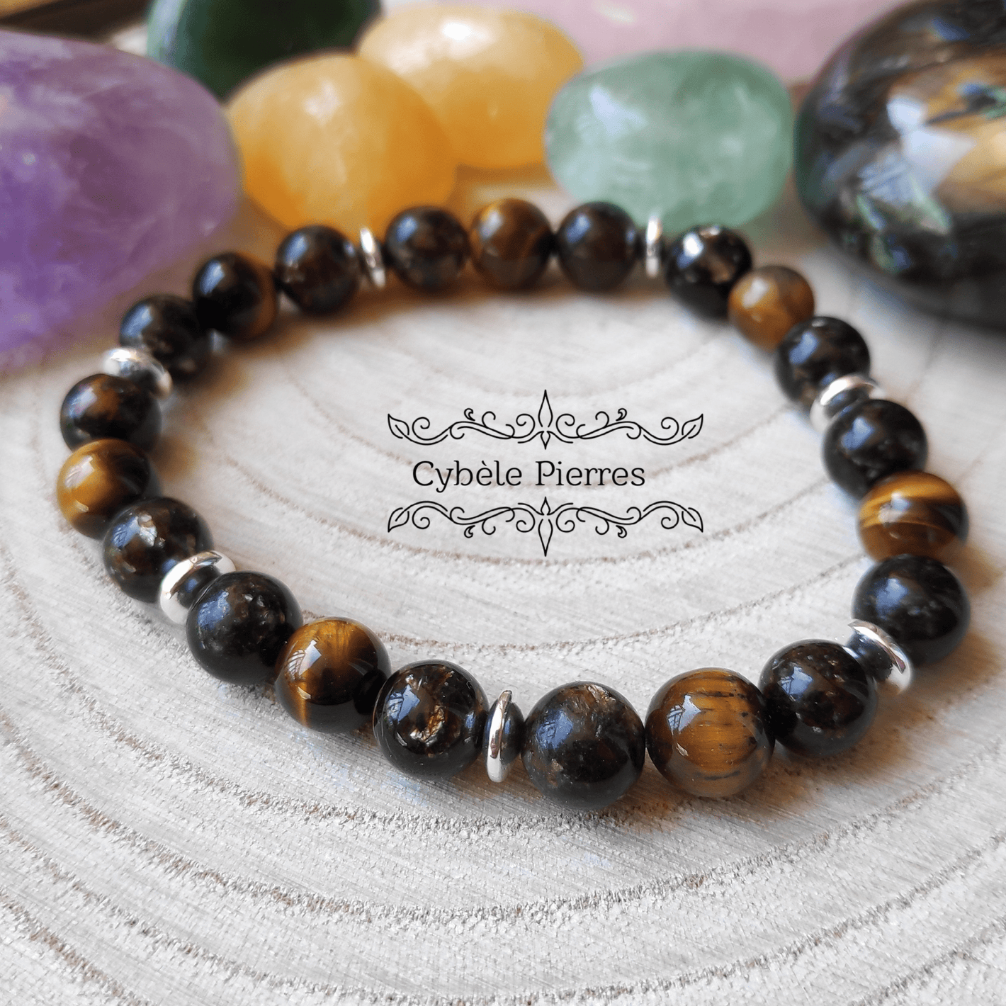 Bracelet Déblocage et Détermination : Biotite et Œil de tigre (8mm) - 18cm - Cybele Pierres