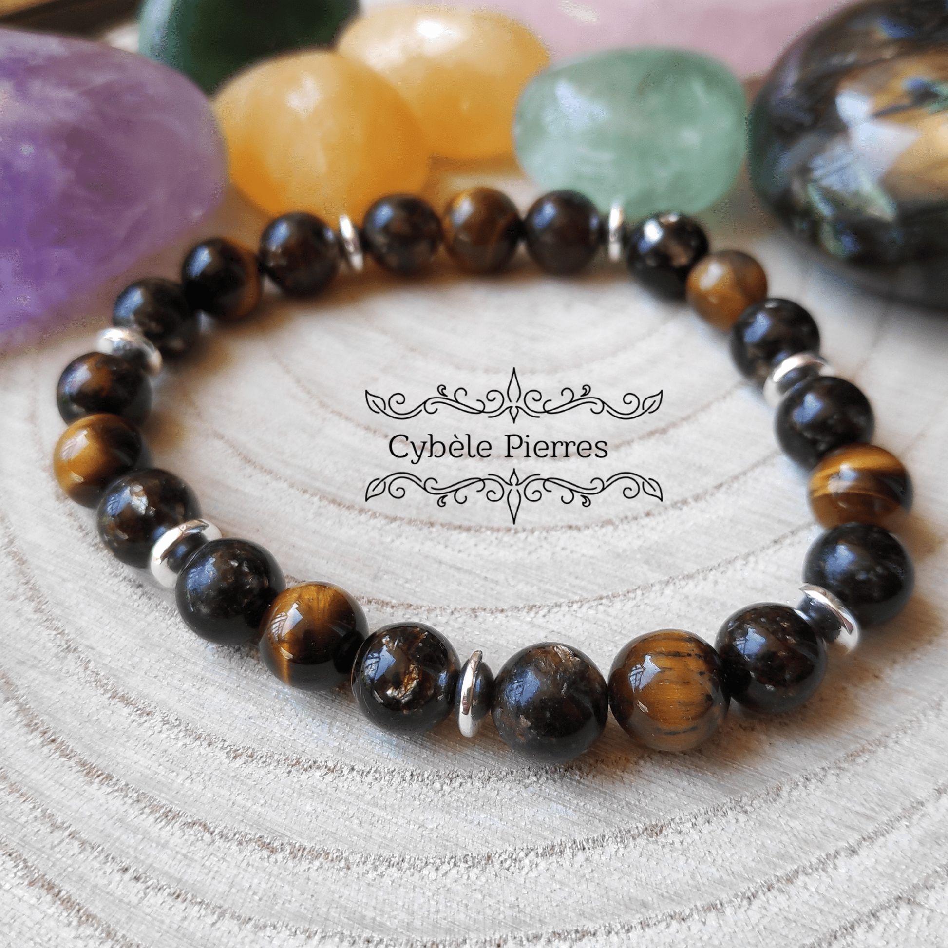 Bracelet Déblocage et Détermination : Biotite et Œil de tigre (8mm) - 18cm - Cybele Pierres