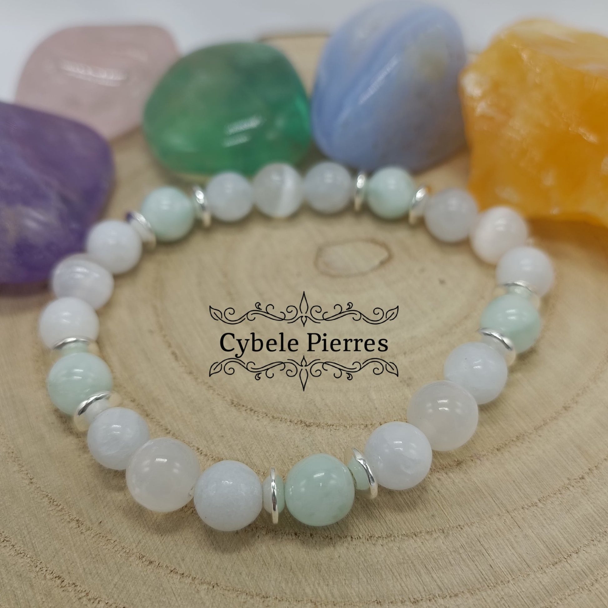 Bracelet Déesse - Amazonite verte, Célestine et Sélénite (8mm) - 18cm - Cybele Pierres