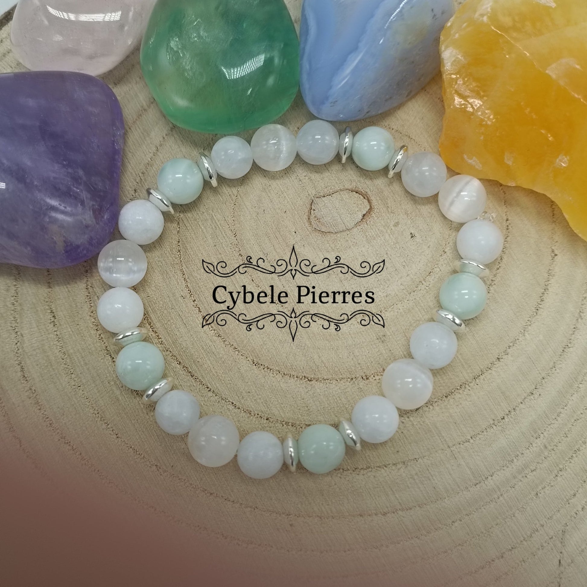 Bracelet Déesse - Amazonite verte, Célestine et Sélénite (8mm) - 18cm - Cybele Pierres