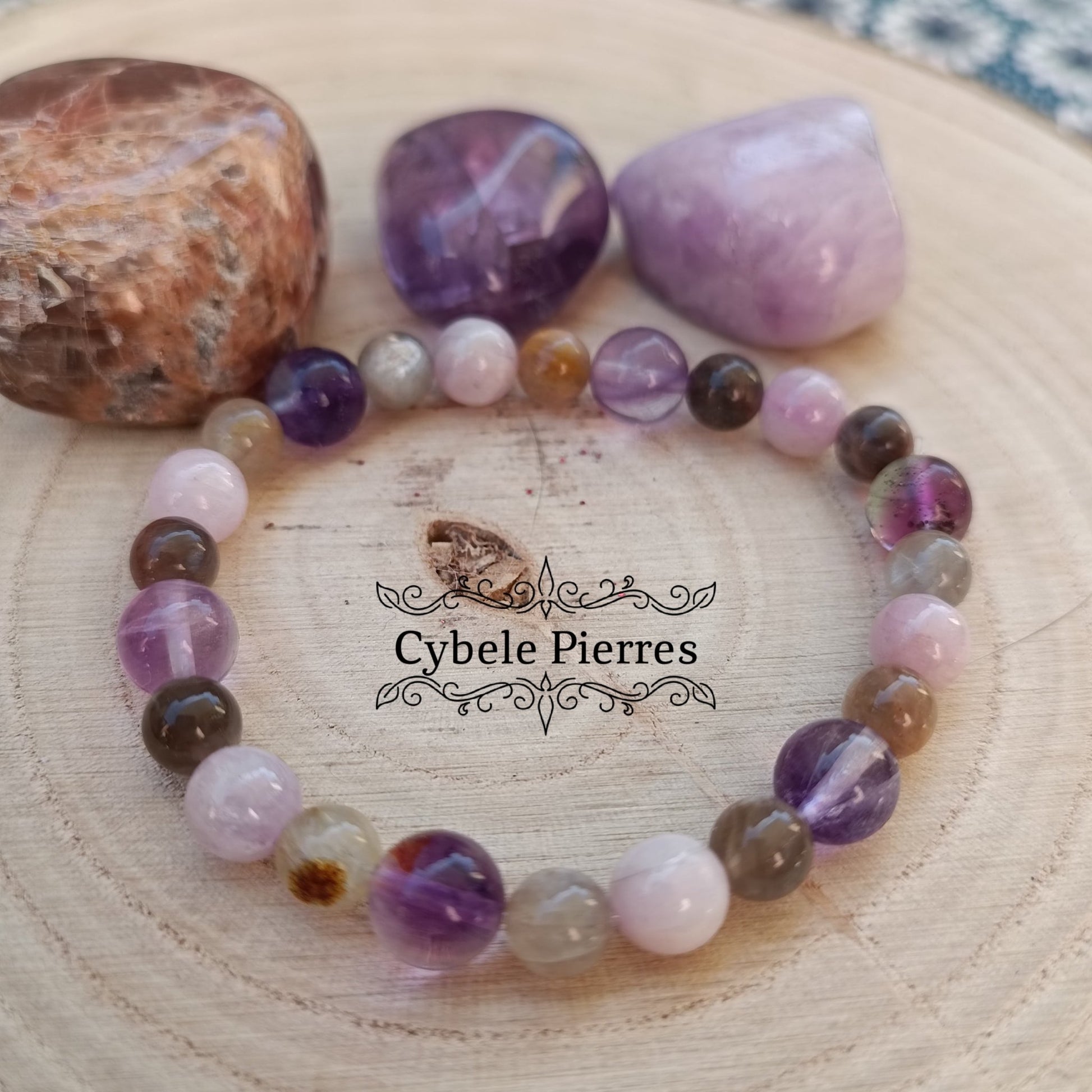 Bracelet Défis - Améthyste, Pierre de lune et Kunzite (6 et 8mm) - 17cm - Cybele Pierres