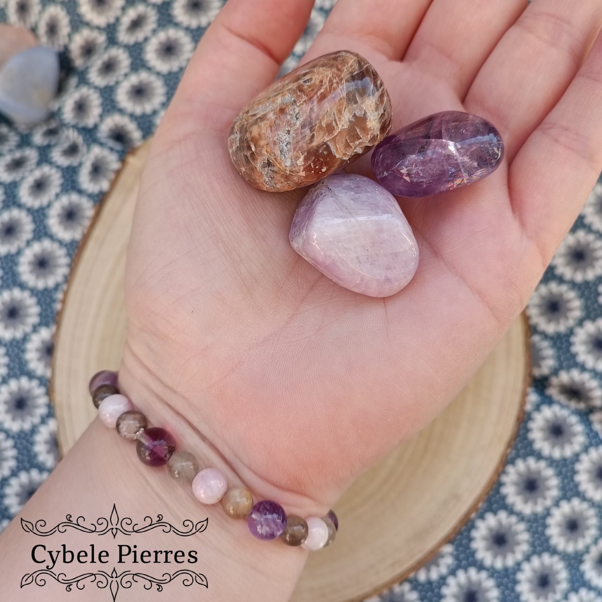 Bracelet Défis - Améthyste, Pierre de lune et Kunzite (6 et 8mm) - 17cm - Cybele Pierres