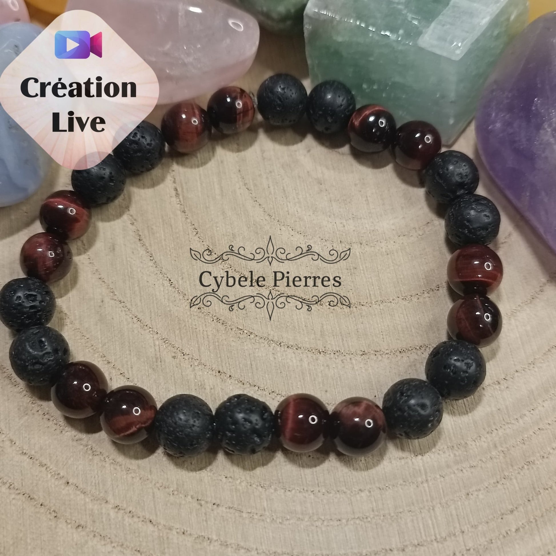 Bracelet "Déplacer des montagnes" : Oeil de taureau et Pierre de Lave (8mm) - 19cm - Cybele Pierres