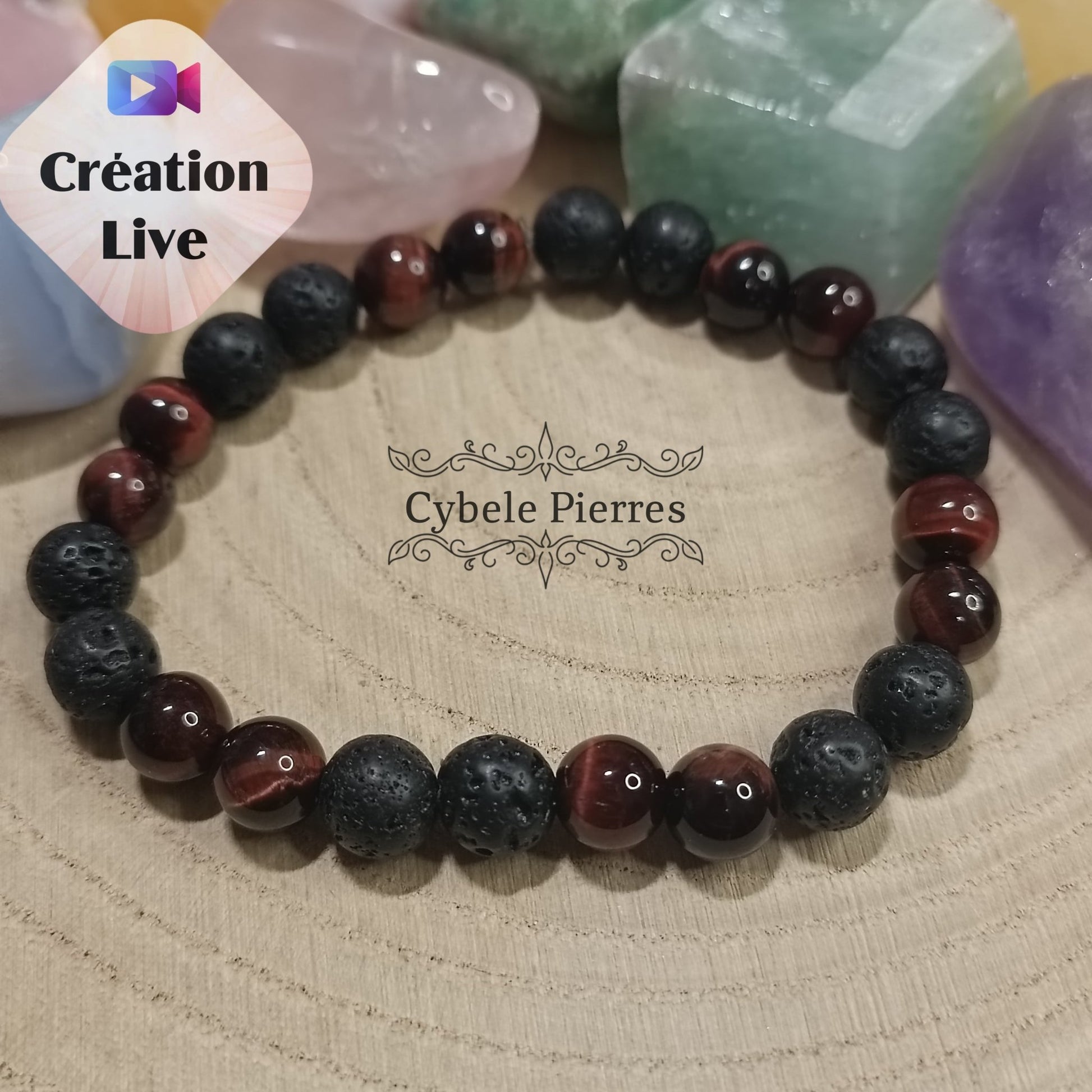 Bracelet "Déplacer des montagnes" : Oeil de taureau et Pierre de Lave (8mm) - 19cm - Cybele Pierres