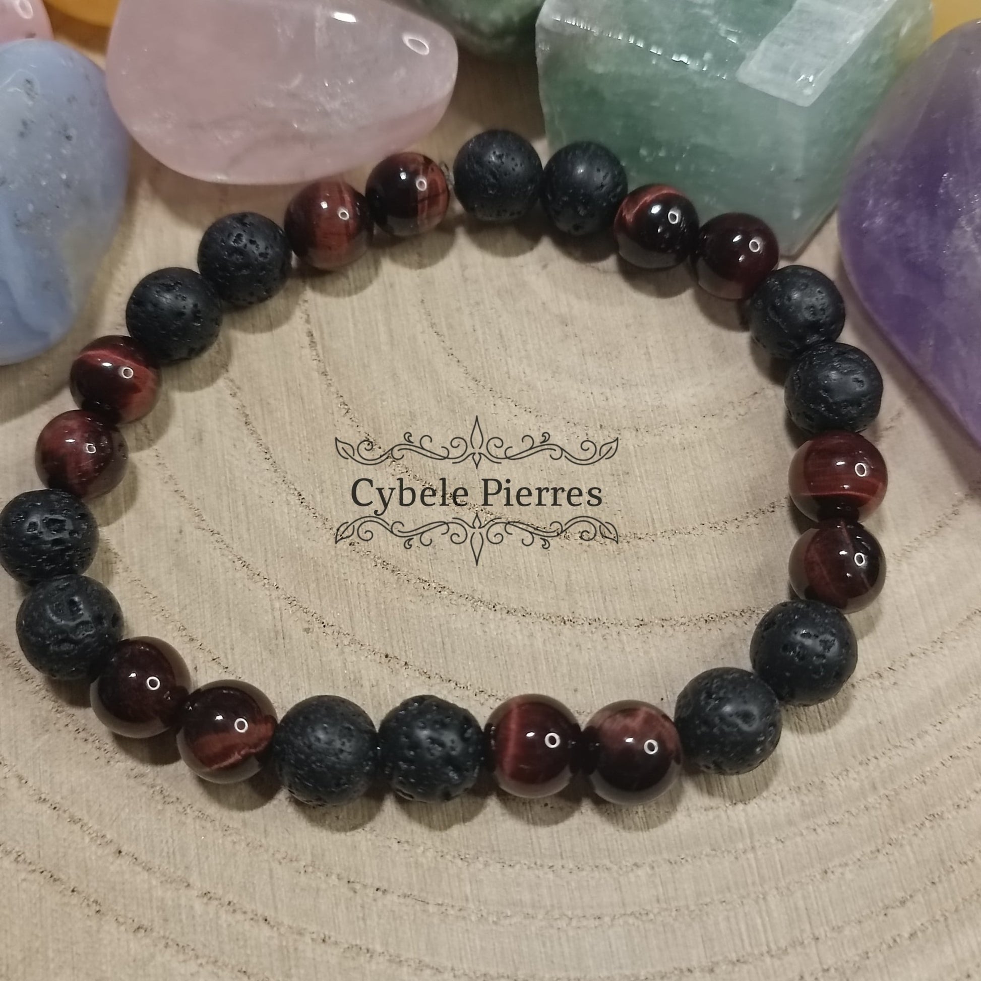 Bracelet "Déplacer des montagnes" : Oeil de taureau et Pierre de Lave (8mm) - 19cm - Cybele Pierres