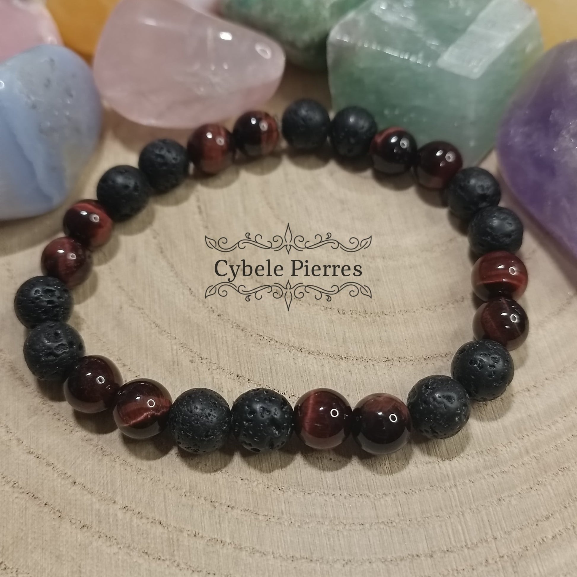 Bracelet "Déplacer des montagnes" : Oeil de taureau et Pierre de Lave (8mm) - 19cm - Cybele Pierres