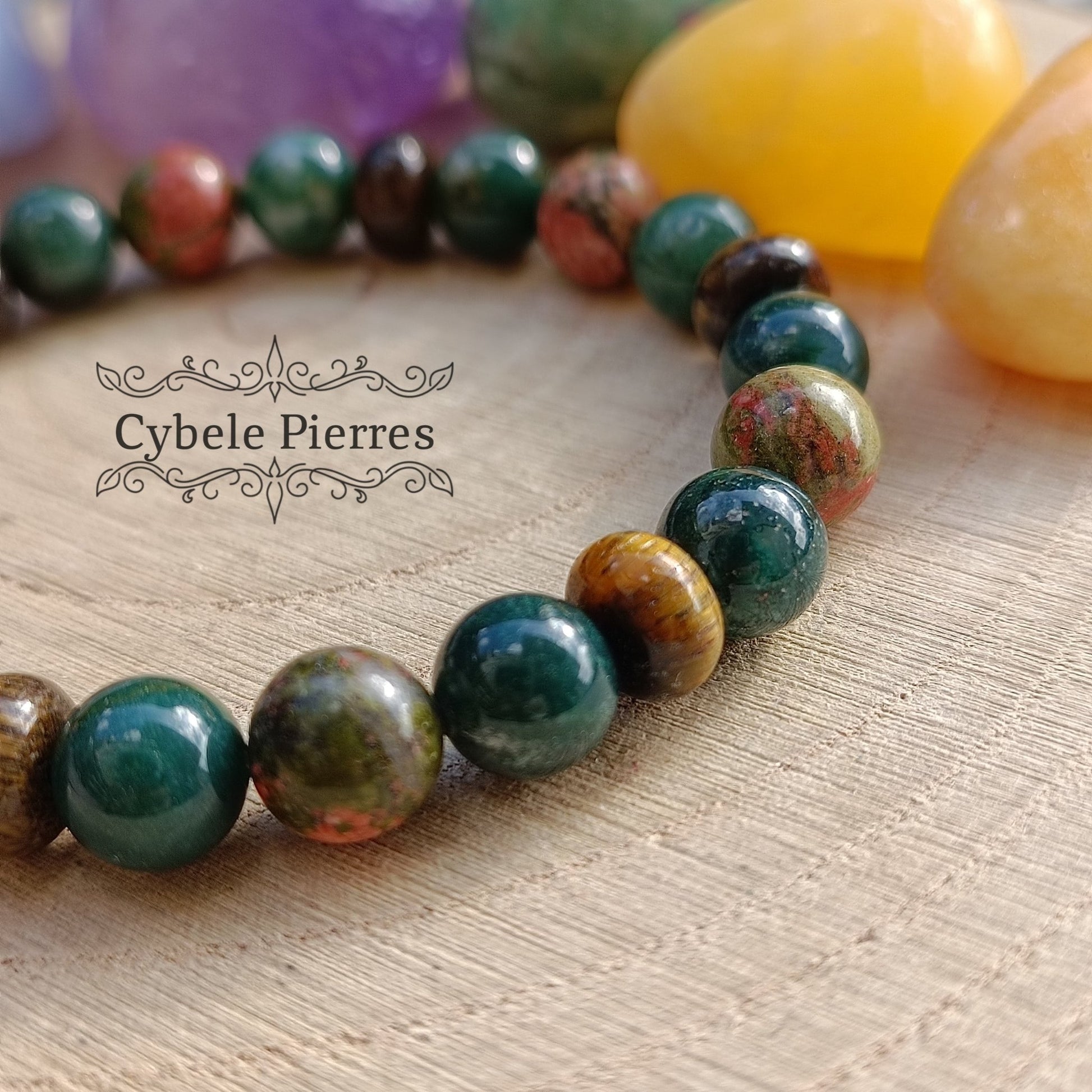 Bracelet Devenir - Héliotrope, Unakite et Oeil de tigre (6 et 8mm) - 18cm - Cybele Pierres