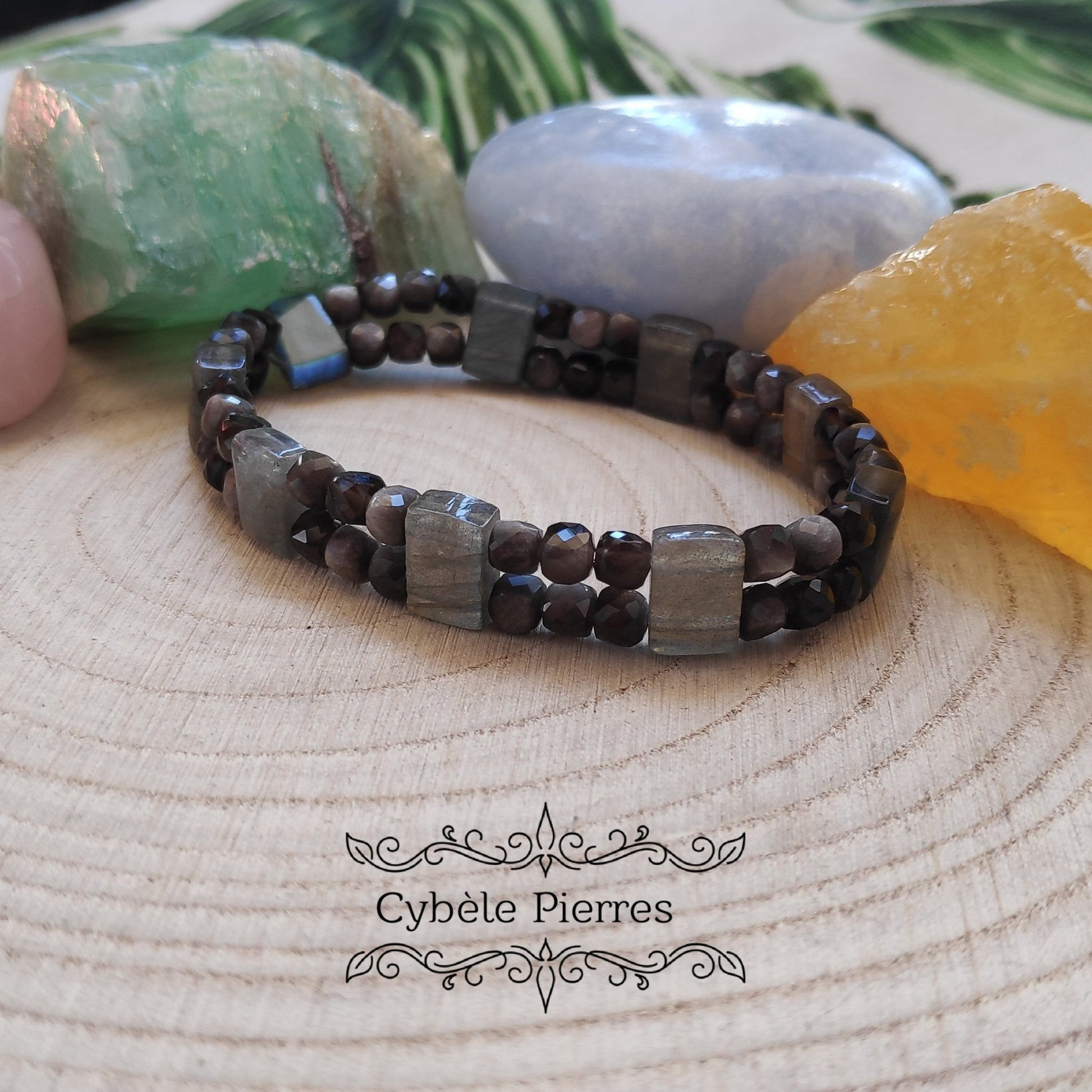 Bracelet Double Magnifique - Obsidienne argentée Facettée et Labradorite (4 et 6mm) - 18cm - Cybele Pierres