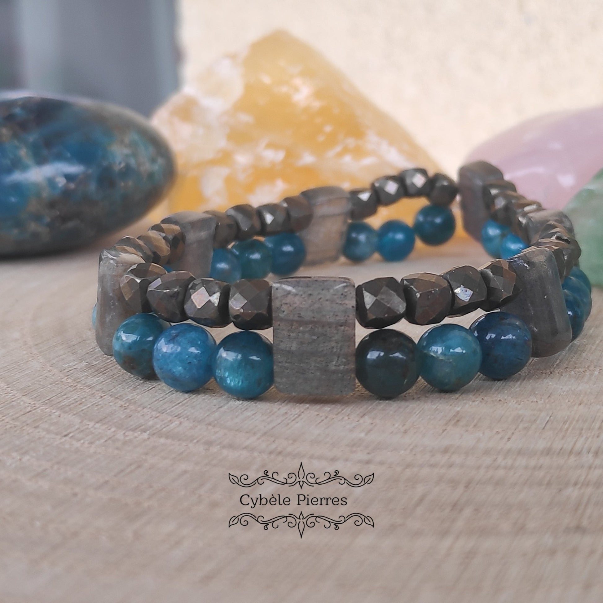 Bracelet Double Réalité - Pyrite, Apatite bleue et Labradorite (6mm) - 17cm - Cybele Pierres