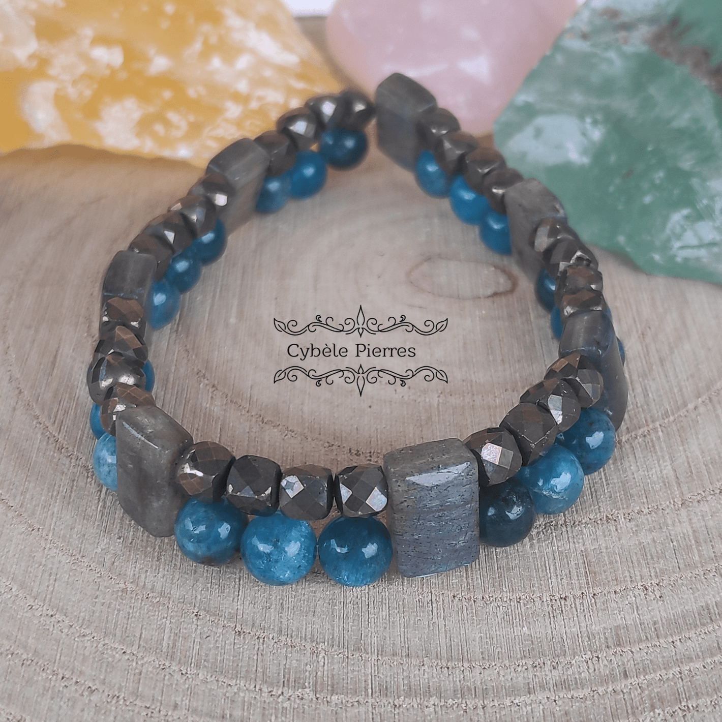 Bracelet Double Réalité - Pyrite, Apatite bleue et Labradorite (6mm) - 17cm - Cybele Pierres