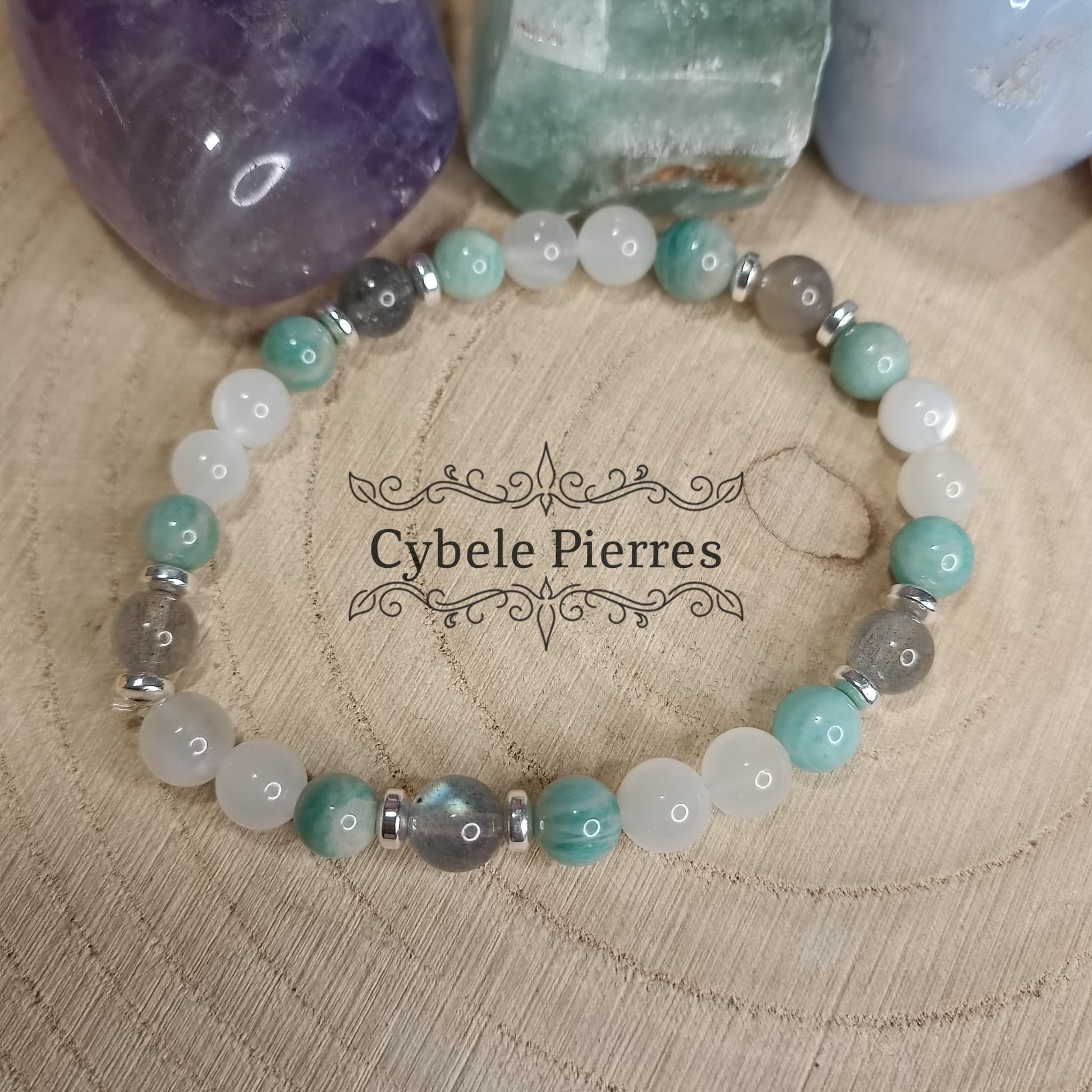 Bracelet Douceur Hivernale - Amazonite, Labradorite et Pierre de Lune blanche (6mm) - 17cm - Cybele Pierres
