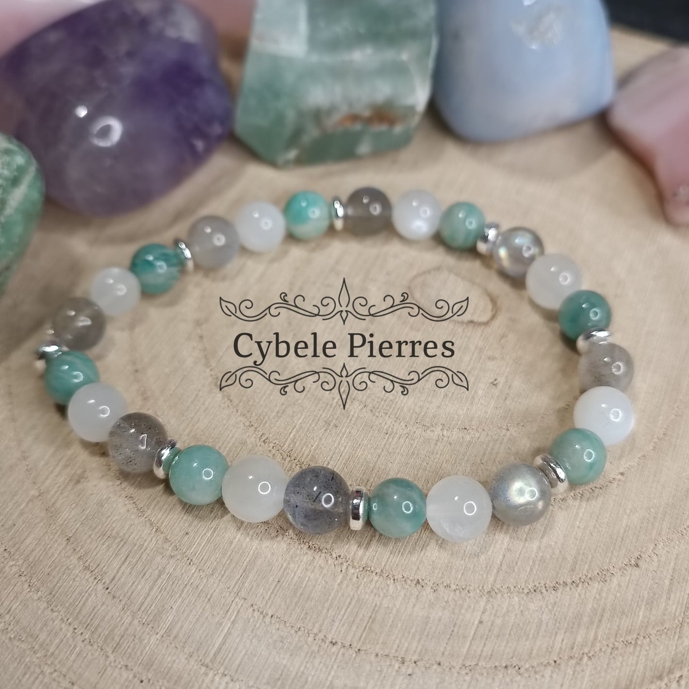 Bracelet Douceur Hivernale - Amazonite, Labradorite et Pierre de Lune blanche (6mm) - 17cm - Cybele Pierres