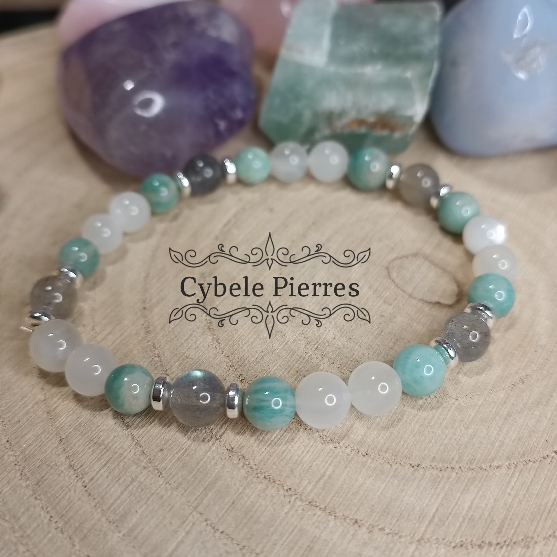 Bracelet Douceur Hivernale - Amazonite, Labradorite et Pierre de Lune blanche (6mm) - 17cm - Cybele Pierres