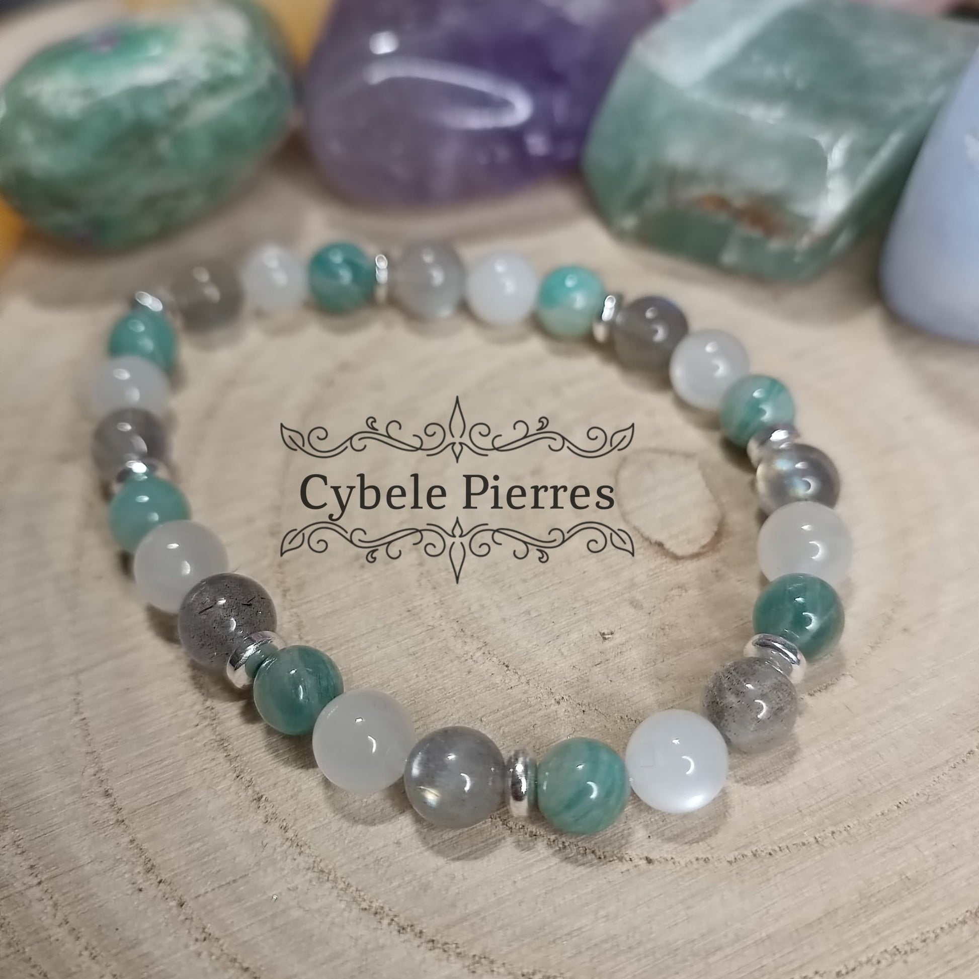 Bracelet Douceur Hivernale - Amazonite, Labradorite et Pierre de Lune blanche (6mm) - 17cm - Cybele Pierres