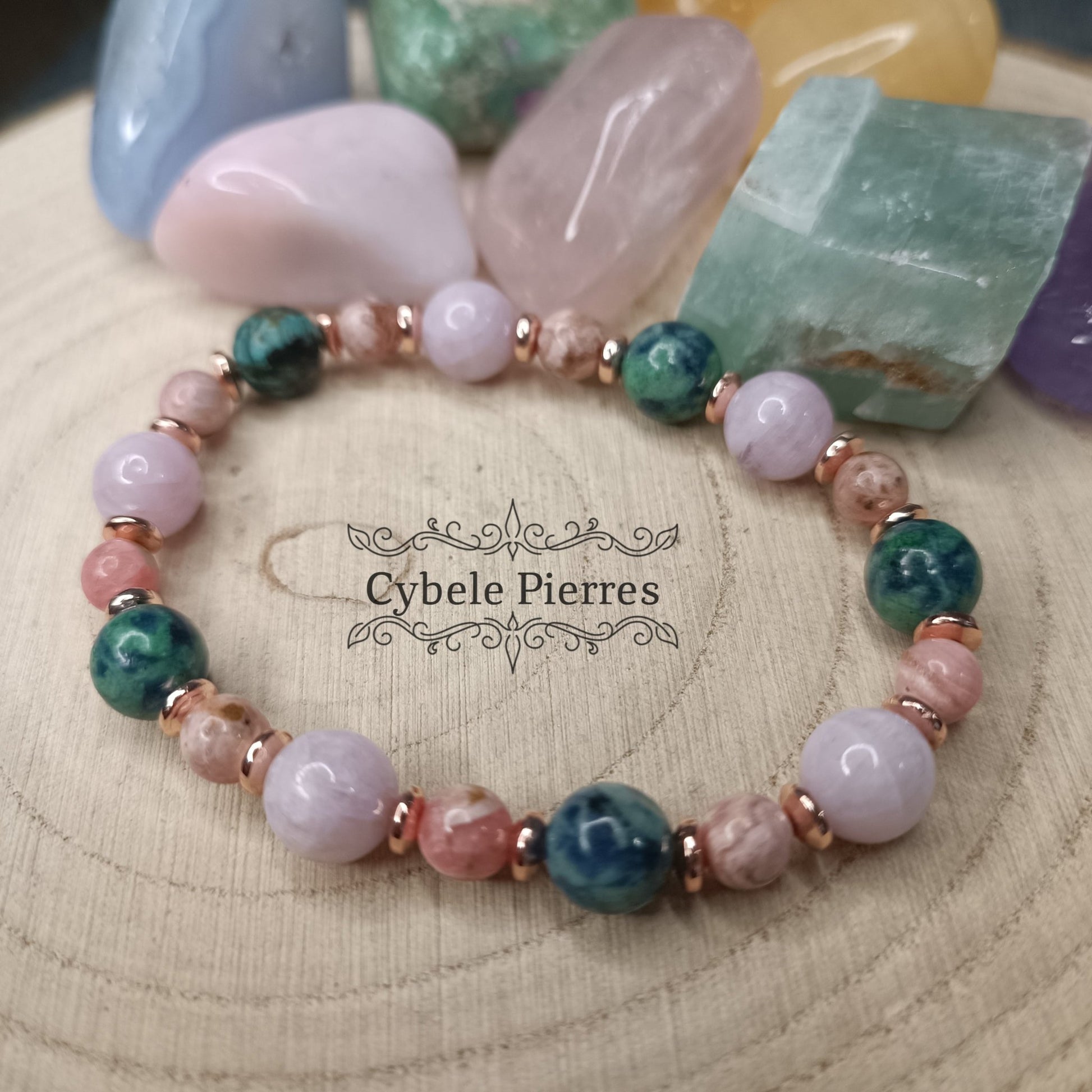 Bracelet Doudou - Kunzite, Chrysocolle et Rhodochrosite (6 et 8mm) - 18cm - Cybele Pierres