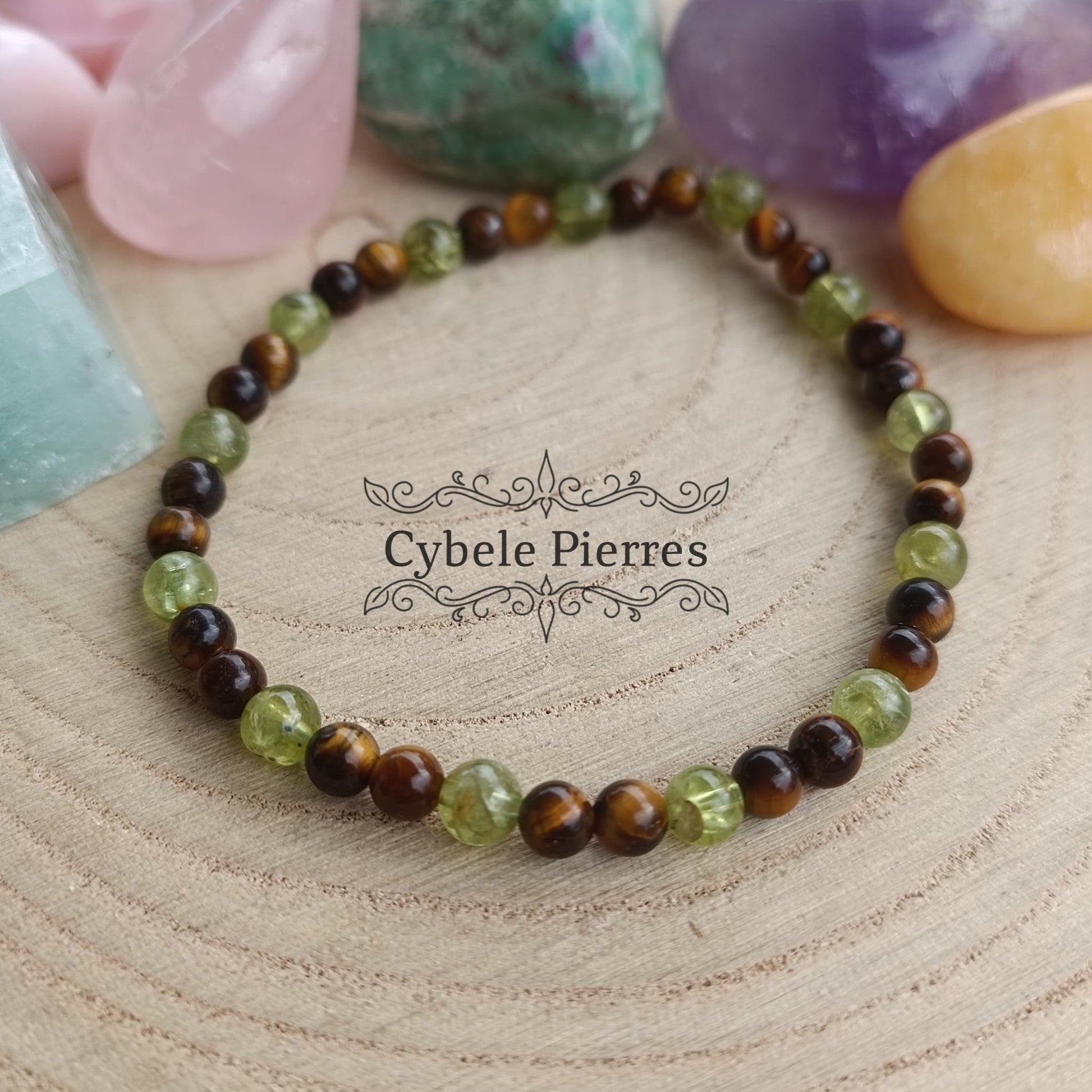 Bracelet Dynamisme et Réconfort - Oeil de tigre et Péridot (4mm) - 18cm - Cybele Pierres