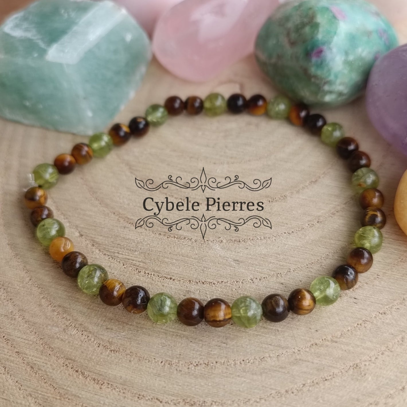Bracelet Dynamisme et Réconfort - Oeil de tigre et Péridot (4mm) - 18cm - Cybele Pierres