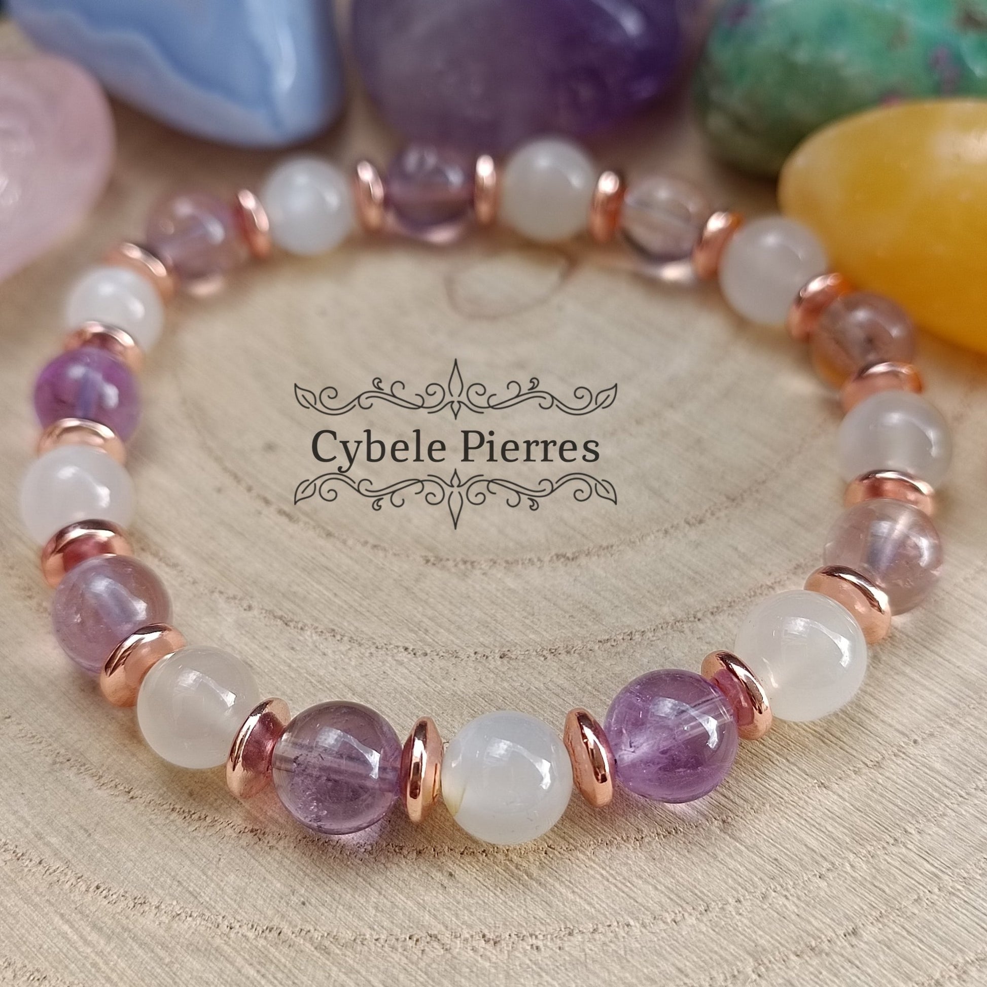 Bracelet Elégance Nocturne - Pierre de lune blanche et Amétrine (8mm) - 17cm - Cybele Pierres