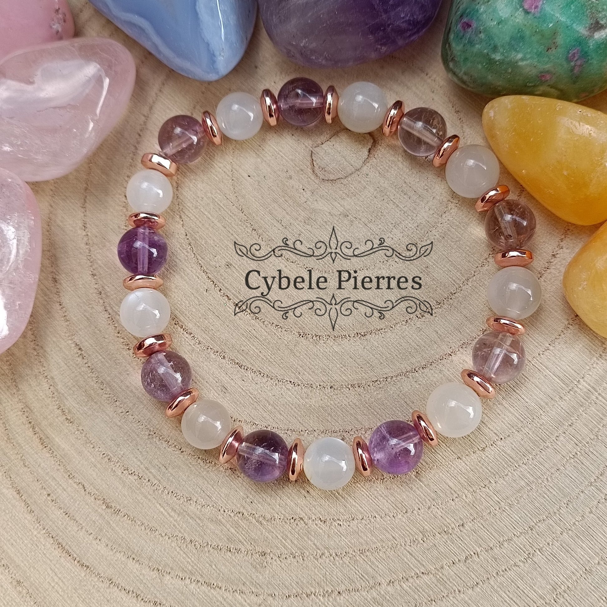 Bracelet Elégance Nocturne - Pierre de lune blanche et Amétrine (8mm) - 17cm - Cybele Pierres