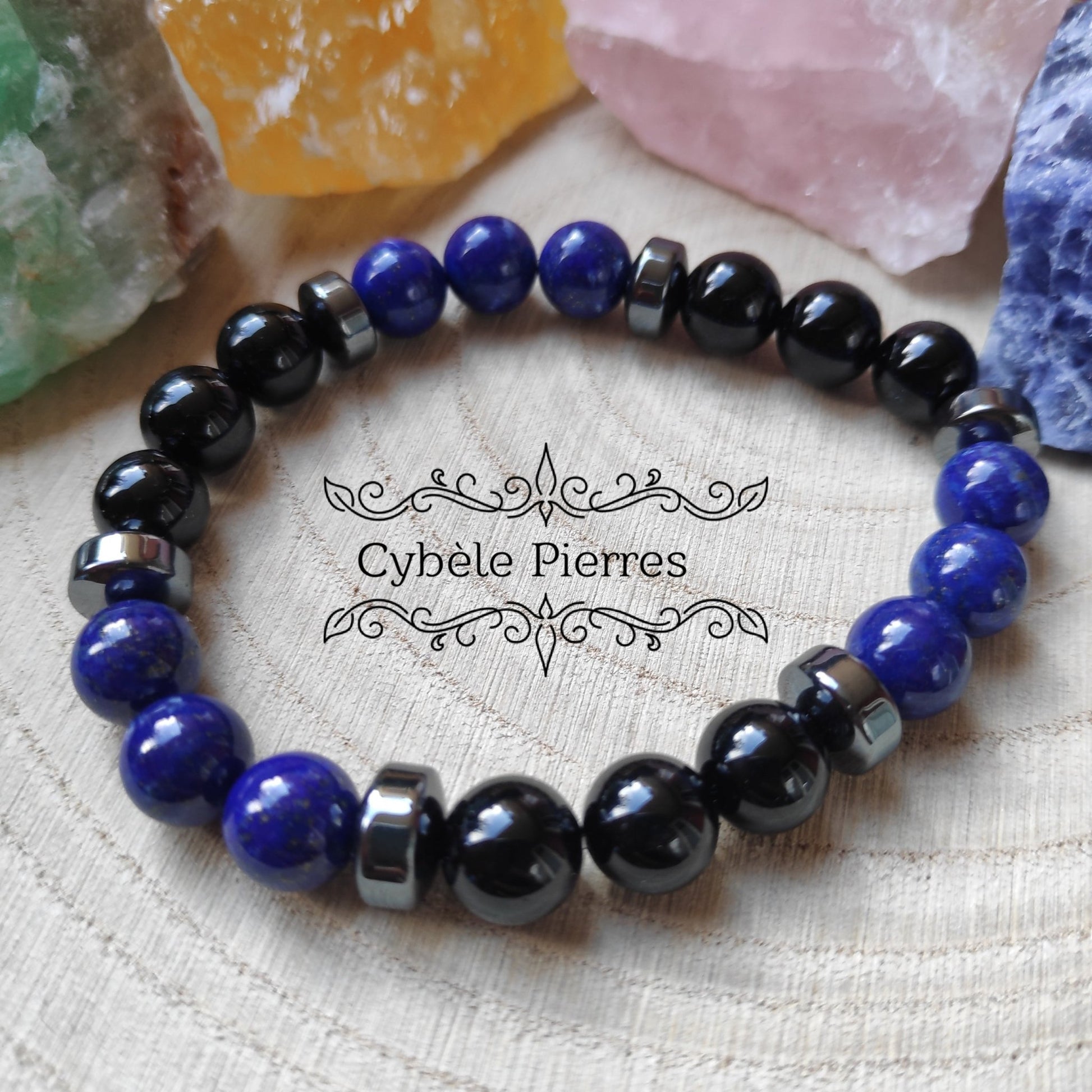 Bracelet Elévation de l'Ame - Tourmaline et Lapis - Lazuli - (8mm) - 17cm - Cybele Pierres