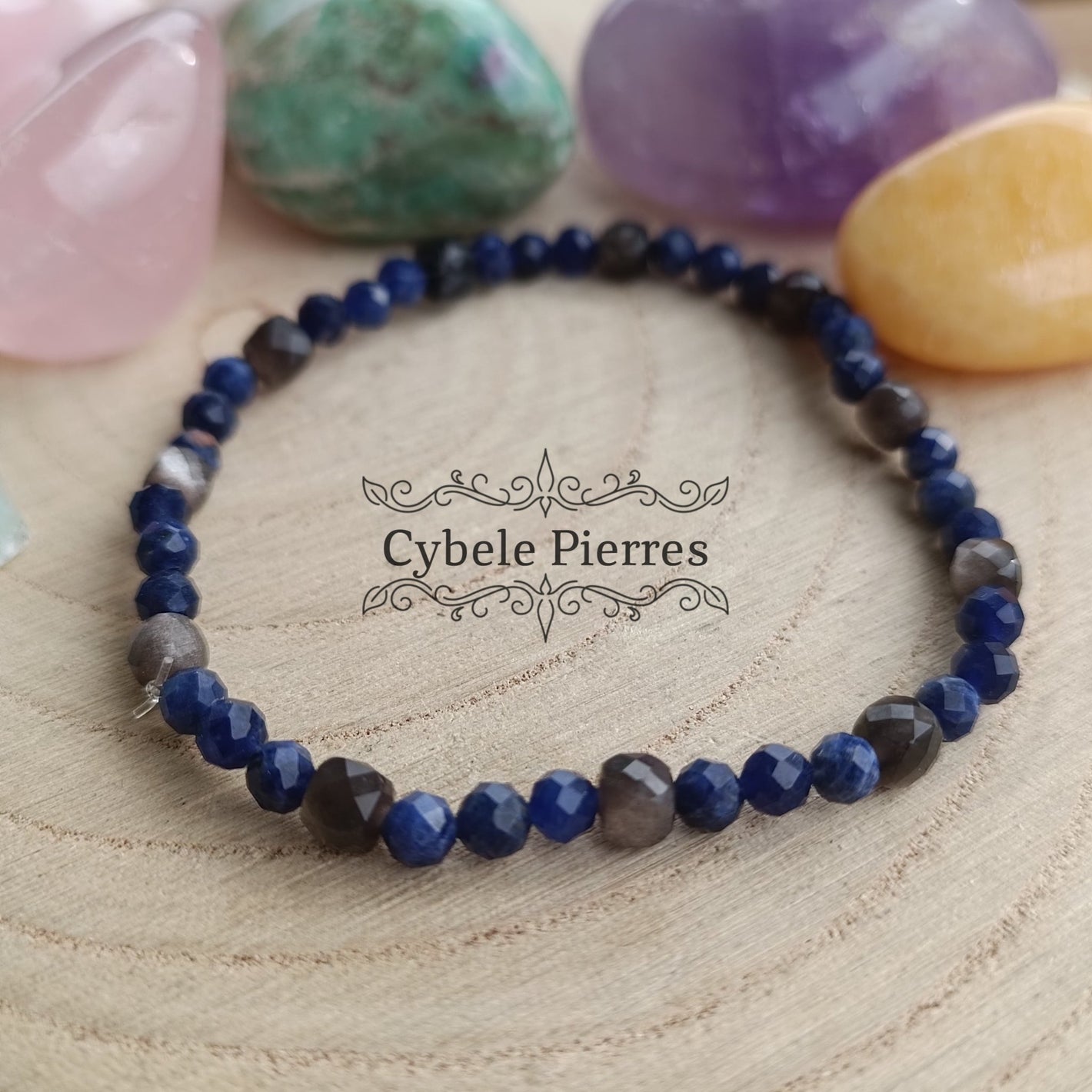 Bracelet Embruns : Obsidienne argentée carrée facettée et Sodalite facetté (3 et 4mm) - 18cm - Cybele Pierres