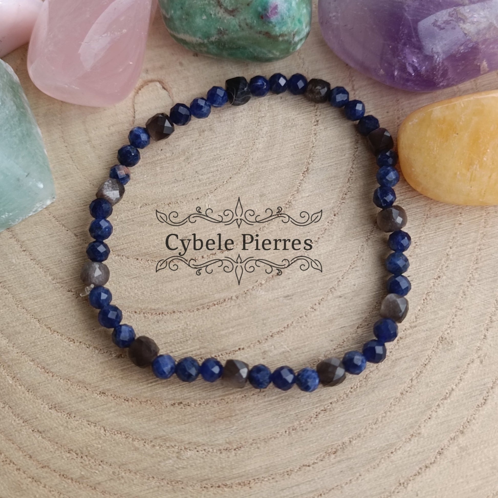 Bracelet Embruns : Obsidienne argentée carrée facettée et Sodalite facetté (3 et 4mm) - 18cm - Cybele Pierres
