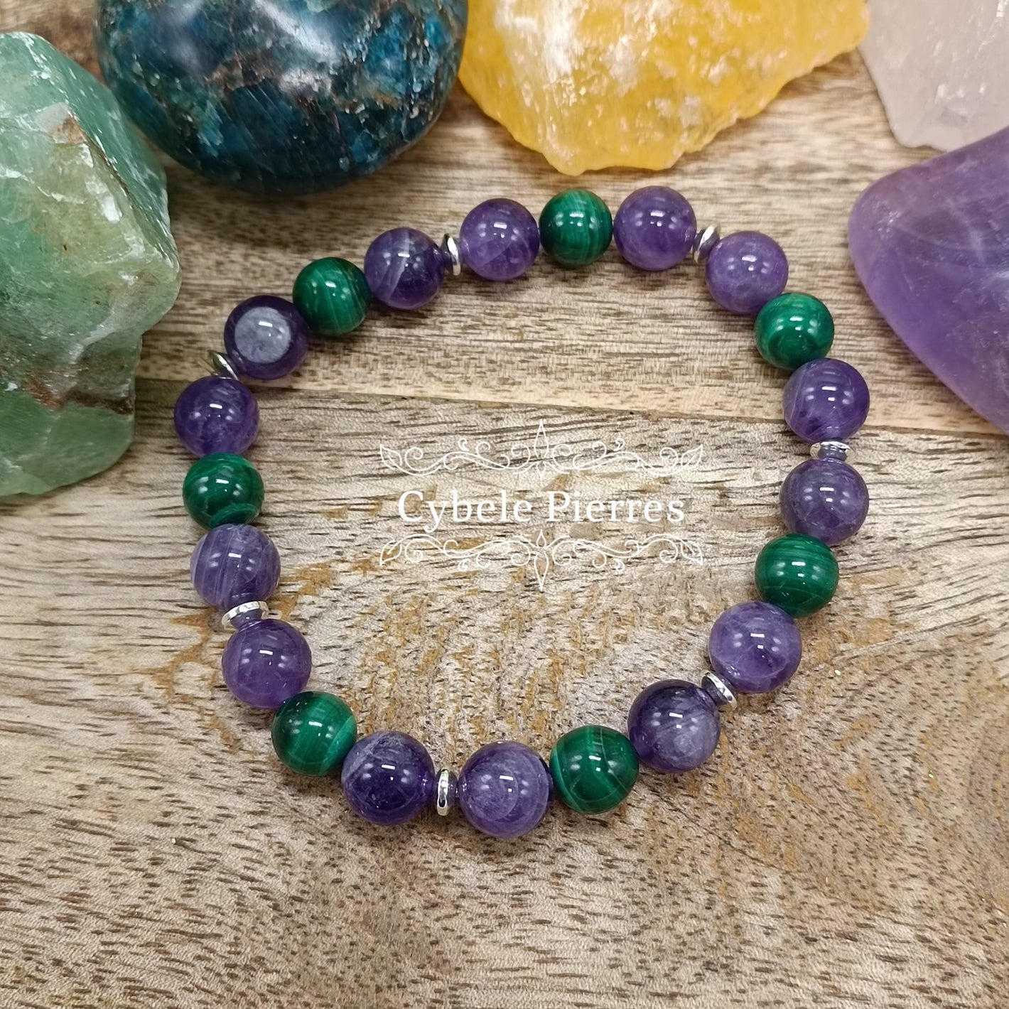 Bracelet Emotions et protection : Malachite et Améthyste (8mm) - 19cm - Cybele Pierres