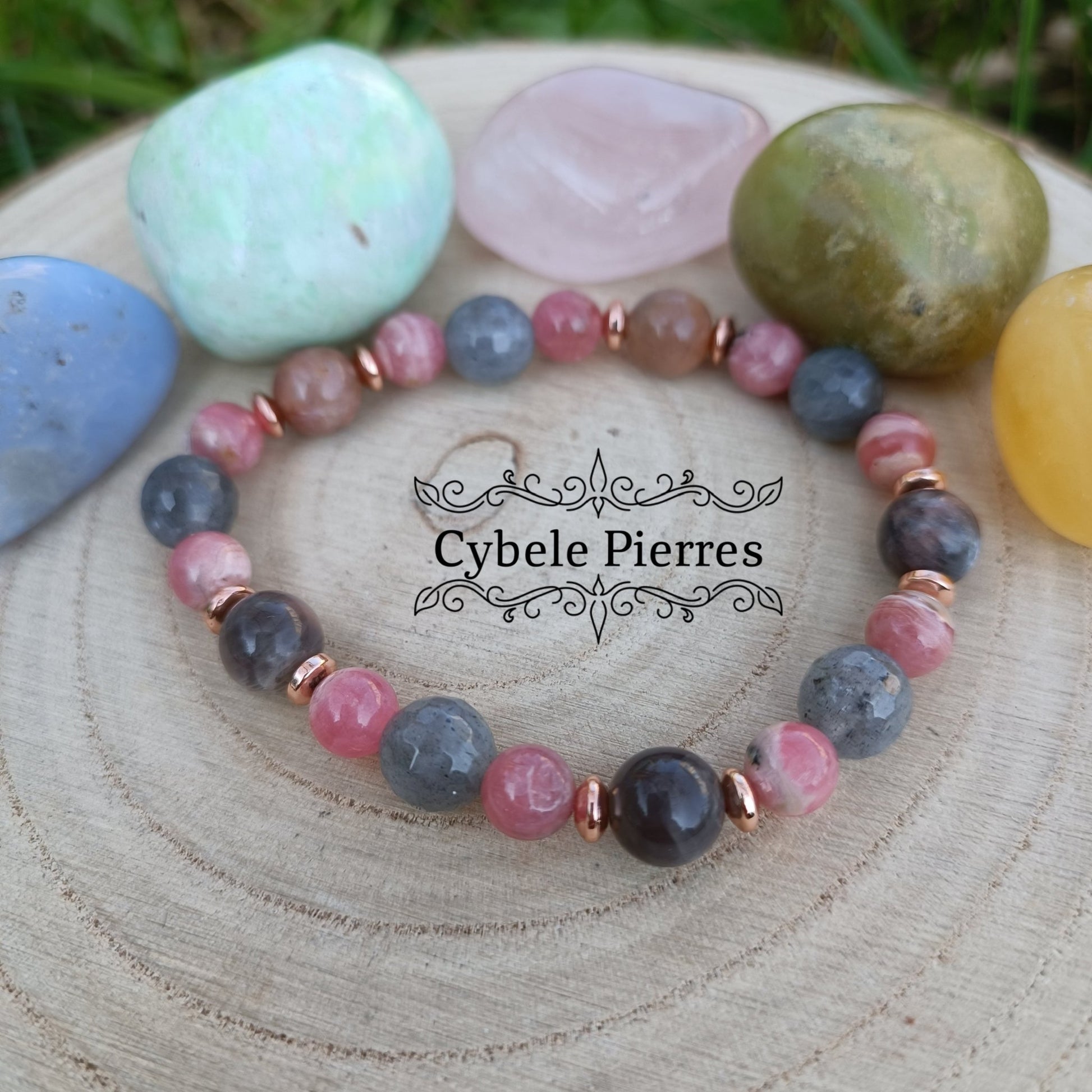 Bracelet Enchantement - Pierre de lune, Labradorite facettée et Rhodochrosite (6mm et 8mm) - 19cm - Cybele Pierres