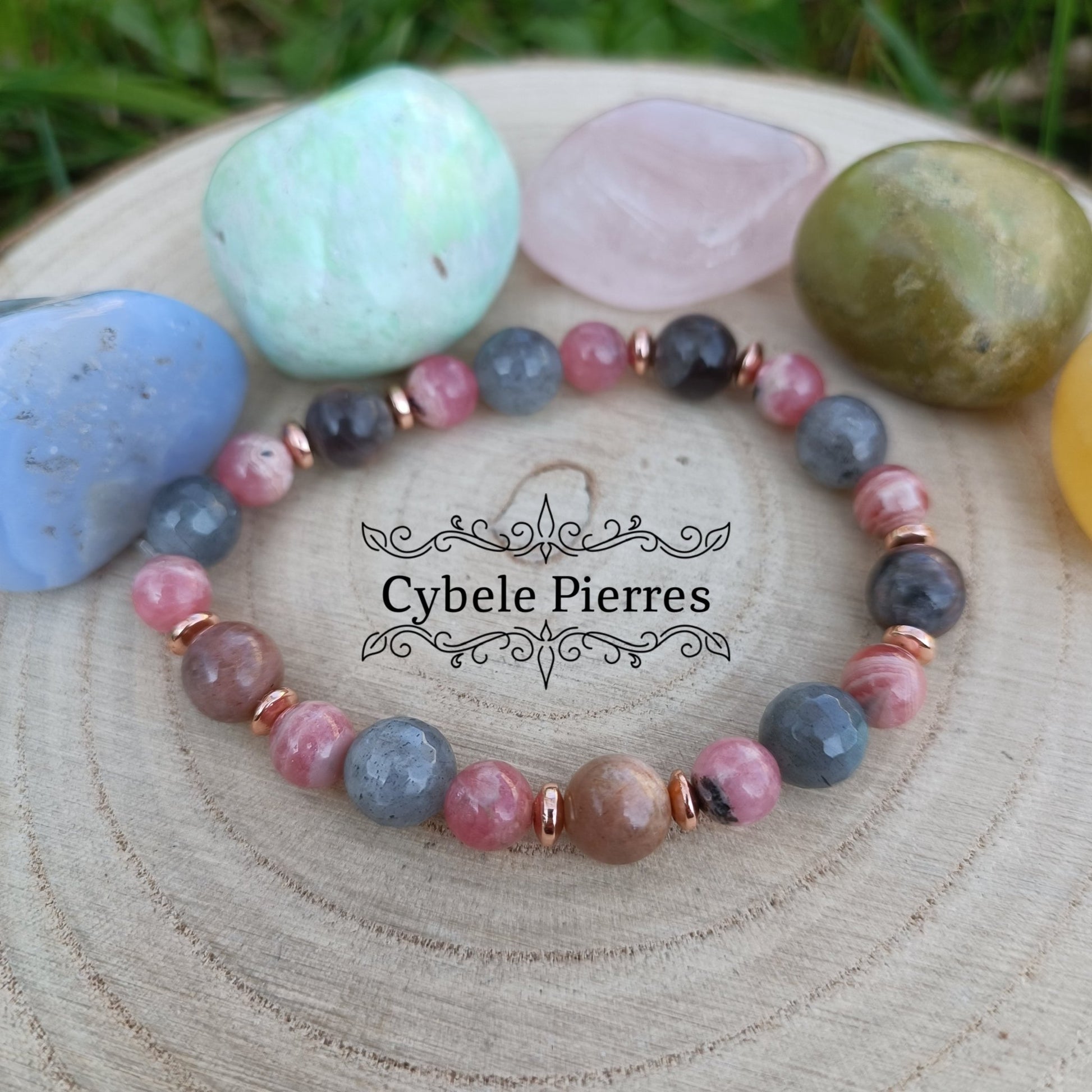 Bracelet Enchantement - Pierre de lune, Labradorite facettée et Rhodochrosite (6mm et 8mm) - 19cm - Cybele Pierres
