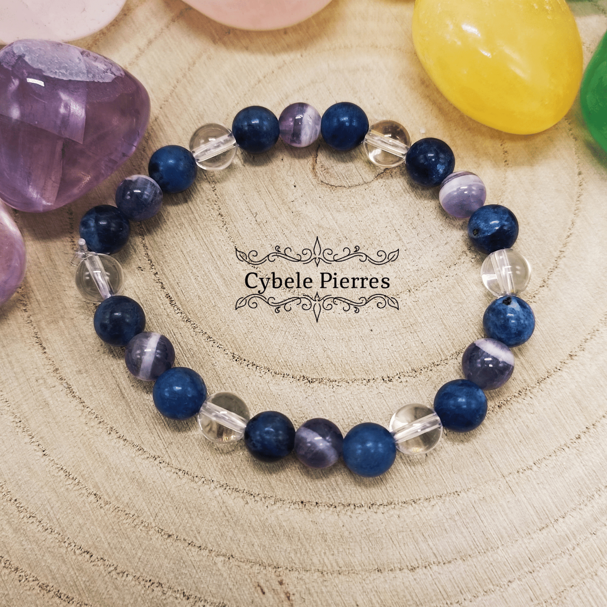 Bracelet Enfant - Sodalite, Cristal de roche et Améthyste (6mm) - 14cm - Cybele Pierres