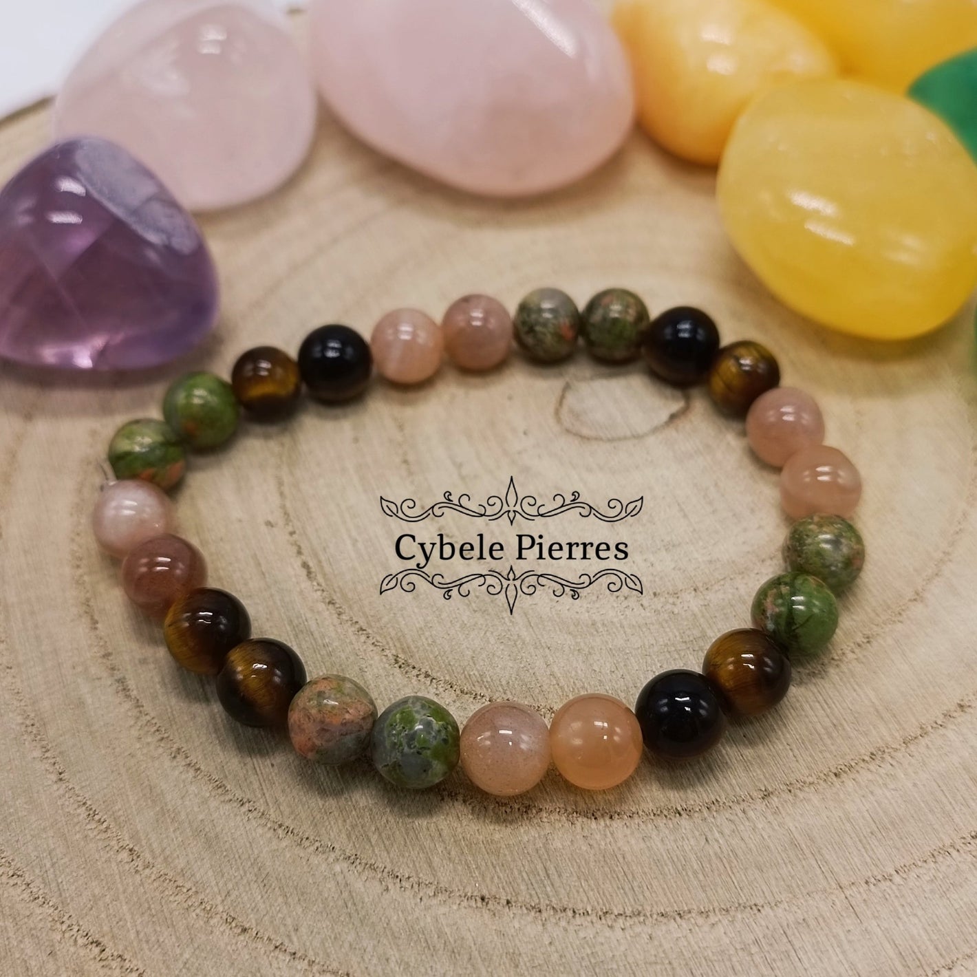Bracelet Enfant - Unakite, Pierre de Soleil et Oeil de Tigre (6mm) - 14cm - Cybele Pierres