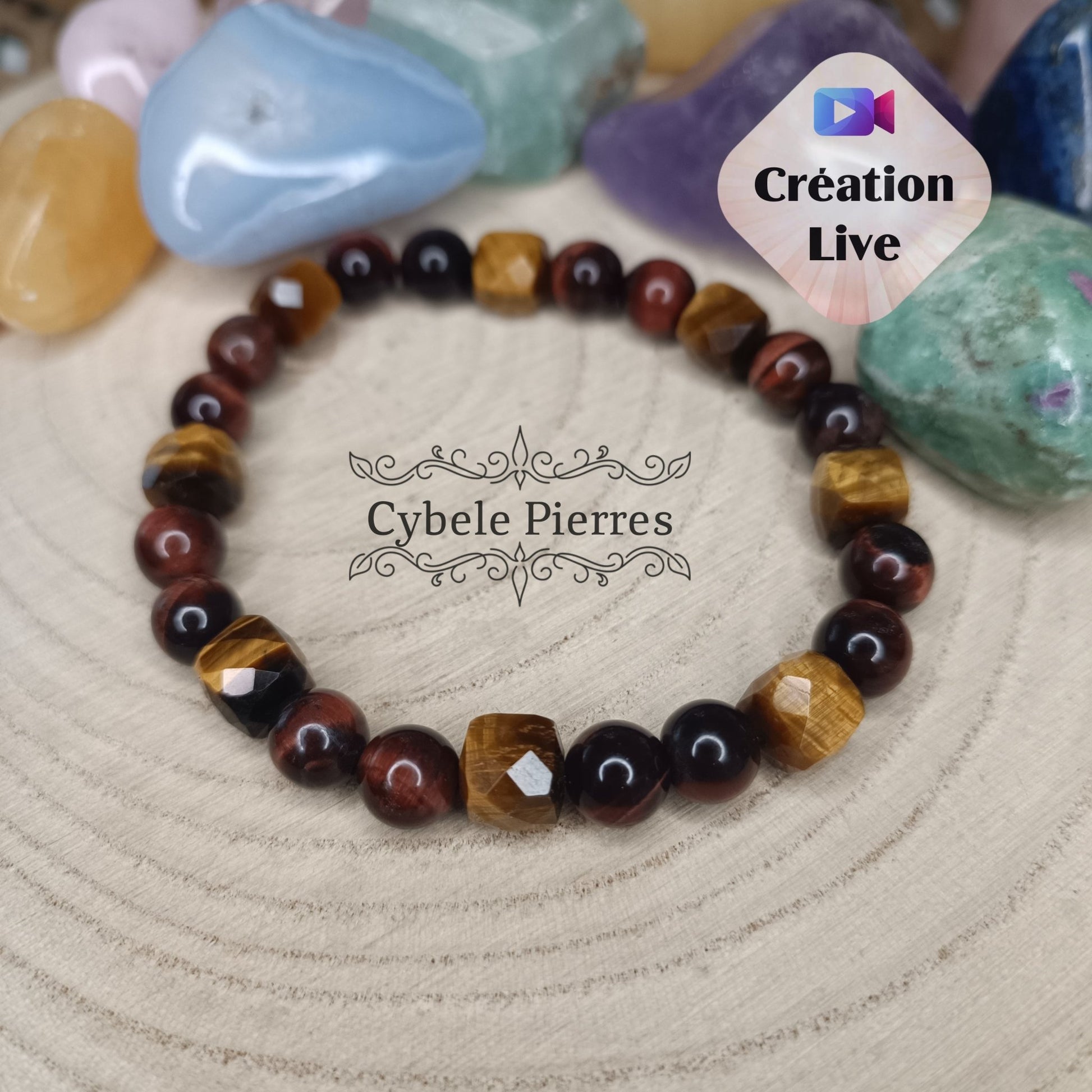 Bracelet "Enraciné" - Oeil de tigre carré facetté et Oeil de taureau (8mm) - 19cm - Cybele Pierres