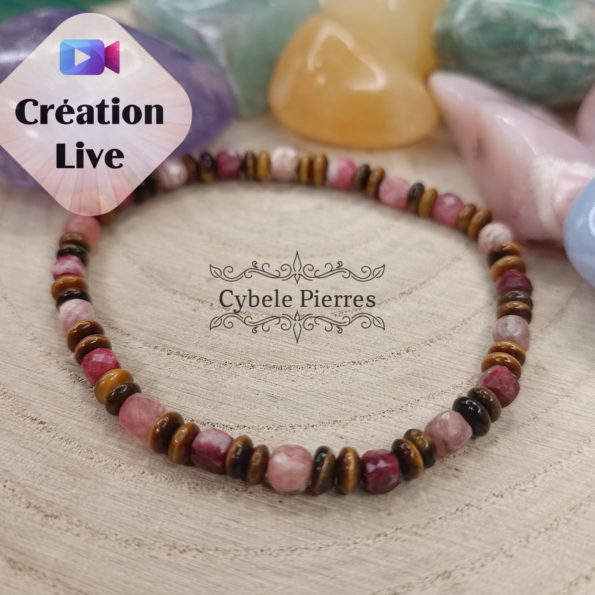 Bracelet Epanouissant - Thulite, Rhodochrosite et Oeil de tigre (2 et 4mm) - 17cm - Cybele Pierres