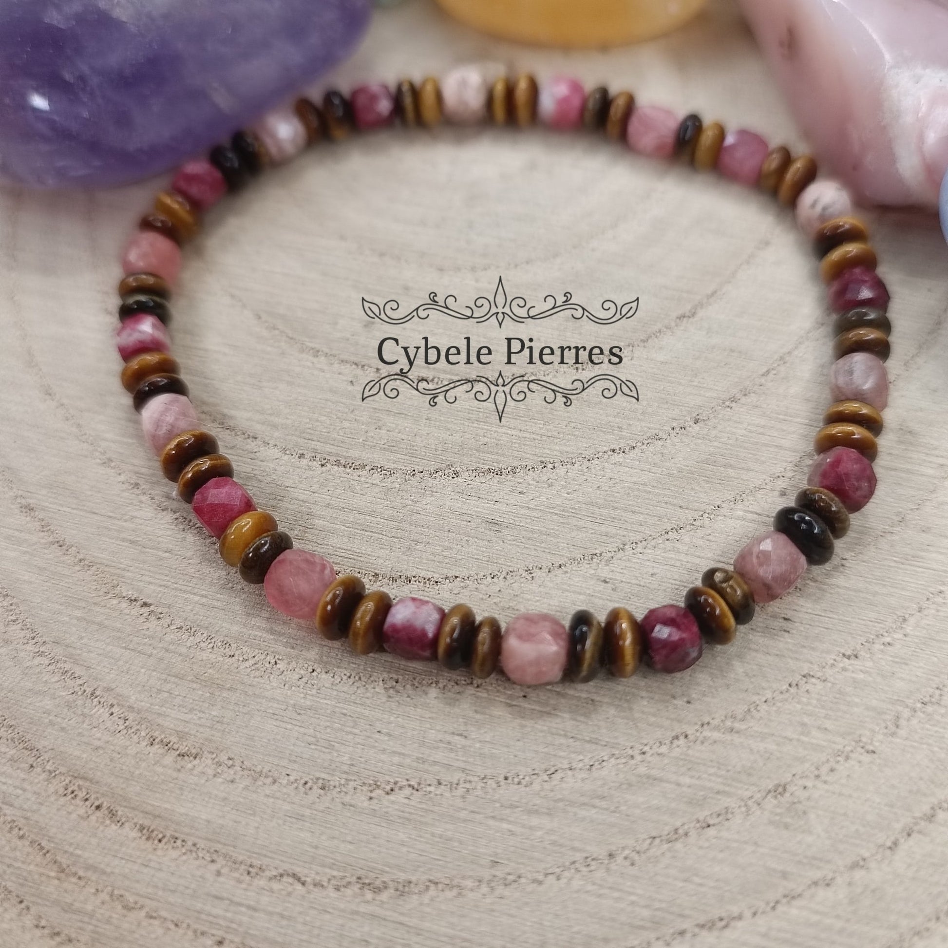 Bracelet Epanouissant - Thulite, Rhodochrosite et Oeil de tigre (2 et 4mm) - 17cm - Cybele Pierres